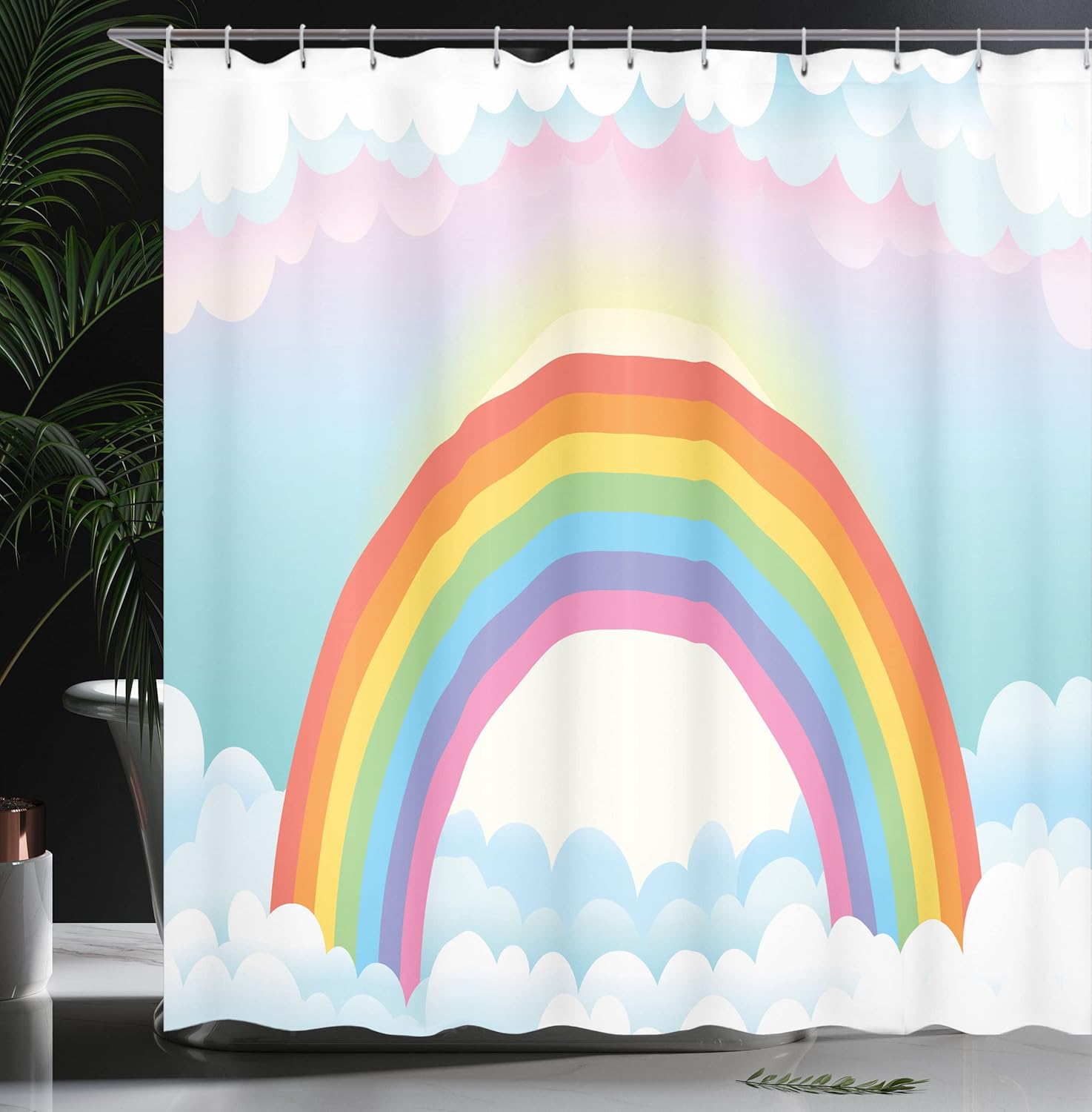 Lunarable Rainbow Shower Curtain, Dreamy Creative Style Graphic with Tender Sun Soft Sky and Clouds Vivid Bars, Cloth Fabric Bathroom Decor Set with Hooks, 69" W x 75" L, Multicolor