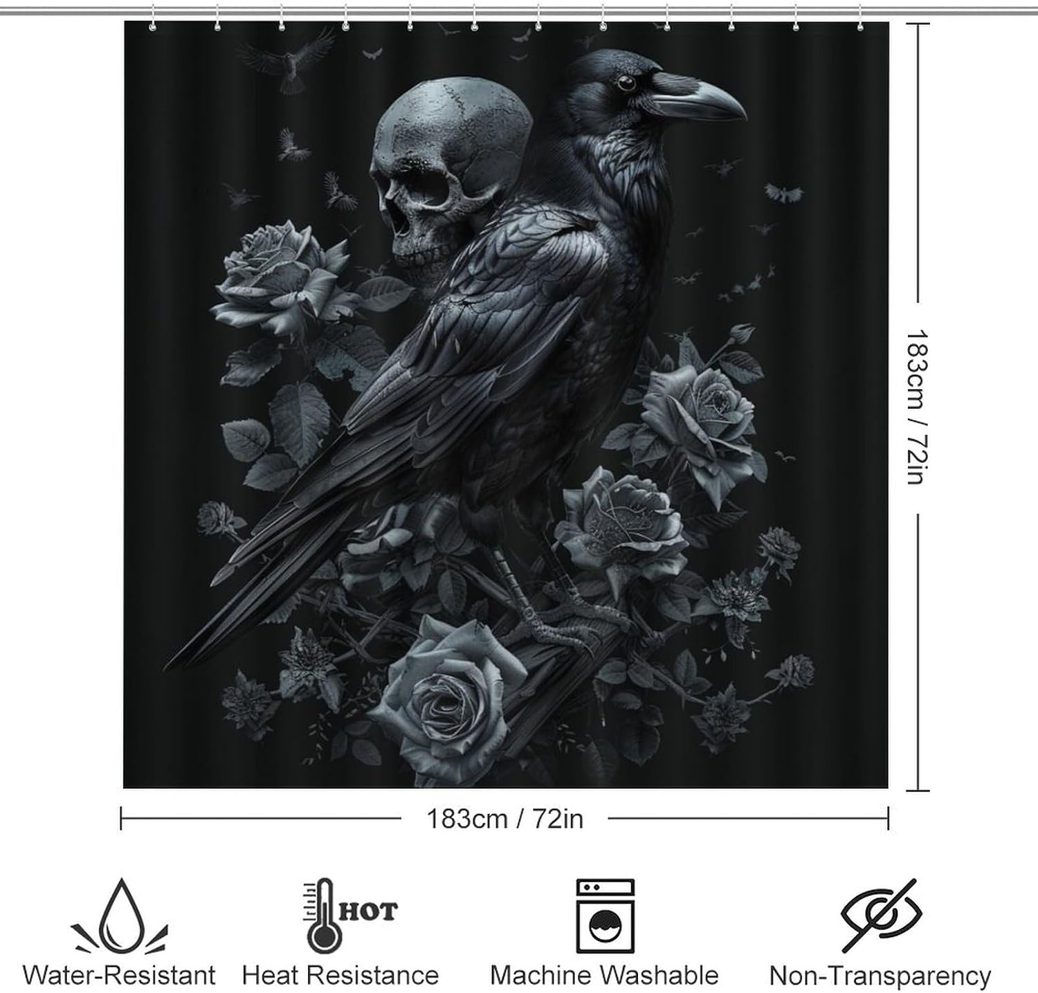 4Pcs Rose Floral Skeleton Bird Shower Curtain Sets with Rugs, Toilet Lid Cover and Bath Mat, Skull Crow Leaves Plants Bathroom Shower Curtains Set with 12 Hooks