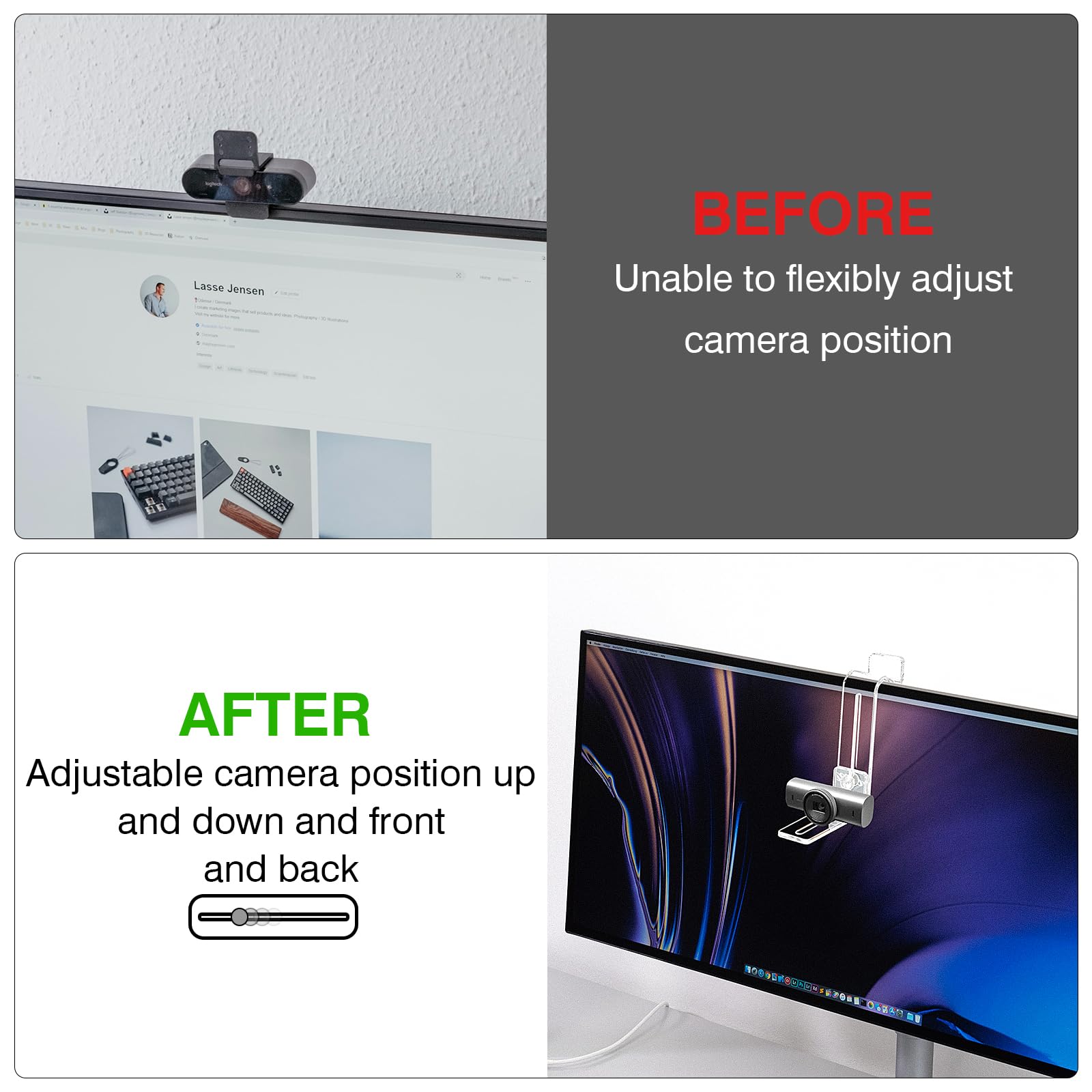 Supporto per webcam per schermo centrale e schermo centrale, posiziona la webcam ovunque sul monitor, schermo del laptop, compatibile con webcam Logitech MX Brio, C920x, C922, C930
