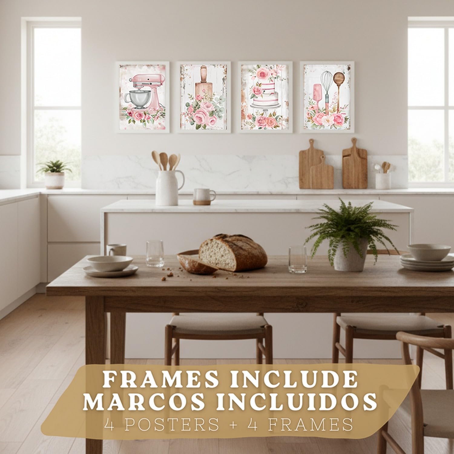Nacnic Set De 4 Láminas Repostería Rosa Shabby Chic Cuadros Cocina Utensilios Tarta Y Flores Romántico Póster Decoración Pared A3 Marco Blanco
