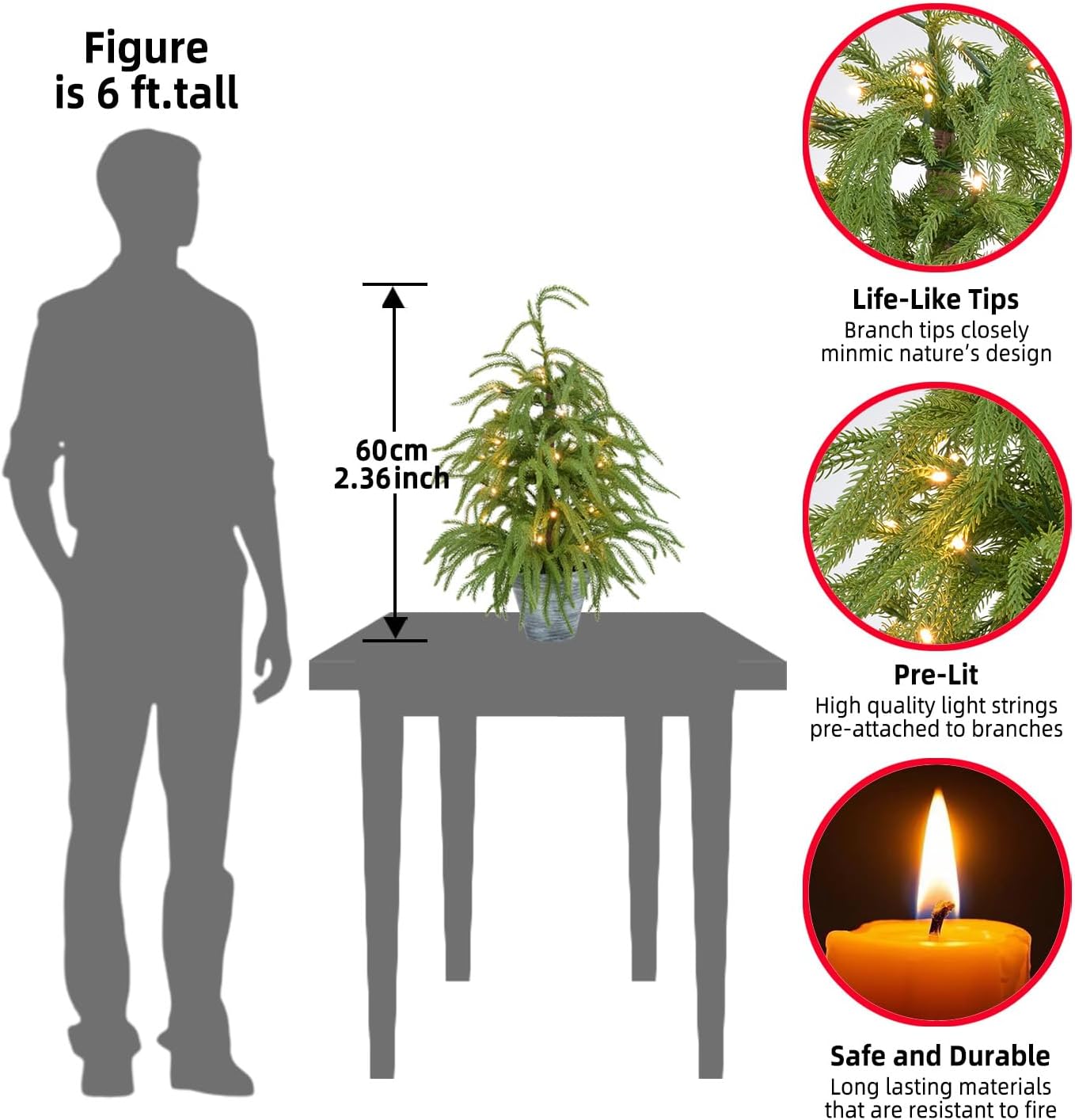 HipTree 2ft Real Touch Norfolk Prelit Small Christmas Tree Decorations with 35 LED Lights, Lighted Mini Slim Pencil Tree for Baby’s First Christmas with 36 PE Tips, Battery-Powered