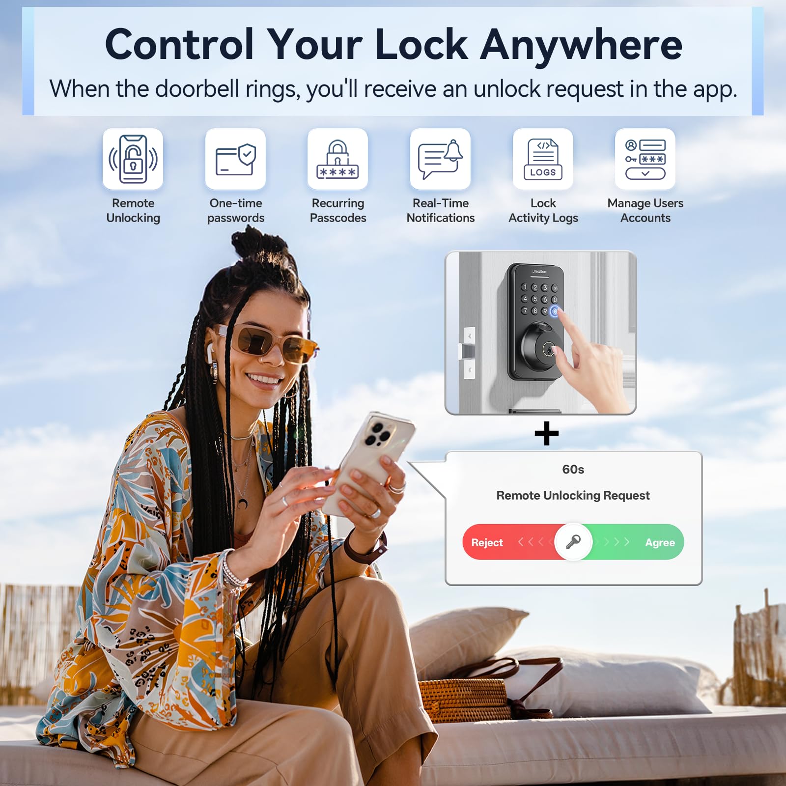 Ulecoce Pêne dormant à clavier à empreintes digitales avec poignée, serrure de porte d'entrée sans clé, serrures de porte pour ensemble de serrure de porte d'entrée, contrôle par application