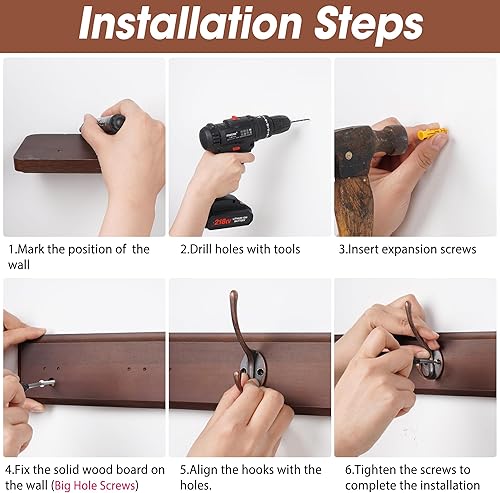 Miniatura 3 de Ganchos para abrigos de 23.6 pulgadas para montar en la pared, 6 ganchos vintage de madera maciza para sombreros, bolsos, llaves, ropa, mochilas