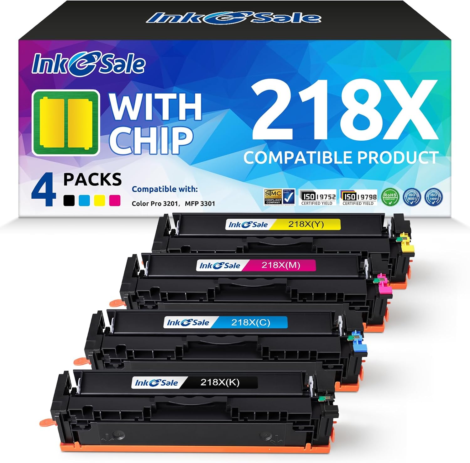 218X Toner Cartridge 4 Pack High-Yield with Chip Compatible Replacement for HP 218X W2180X W2181X W2182X W2183X 218A Works with Color Pro 3201 3201dw MFP 3301 3301cdw 3301fdw 3301sdw Printer