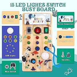 Hoarosall Dinosaur Busy Board with 8 LED Light Switches, Toddler Montessori Busy Board with Light Switch, Sensory Travel Toys, Montessori Toys for 1+ Year Old Boys