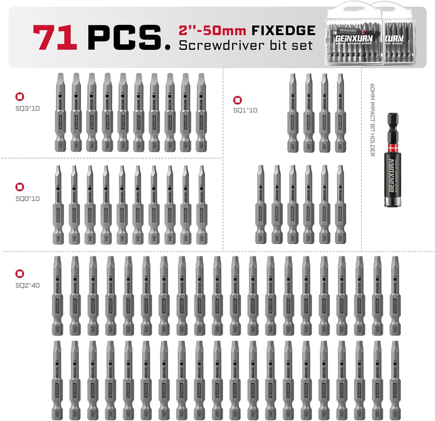 Geinxurn 71Pieces Fixedge Screwdriver Bit Set, 2Inches #1#2#3 Square Magnetic Alloy Steel Insert Power Bits Tips with Impact Bit Holder and Portable Storage Cases for Home Repair