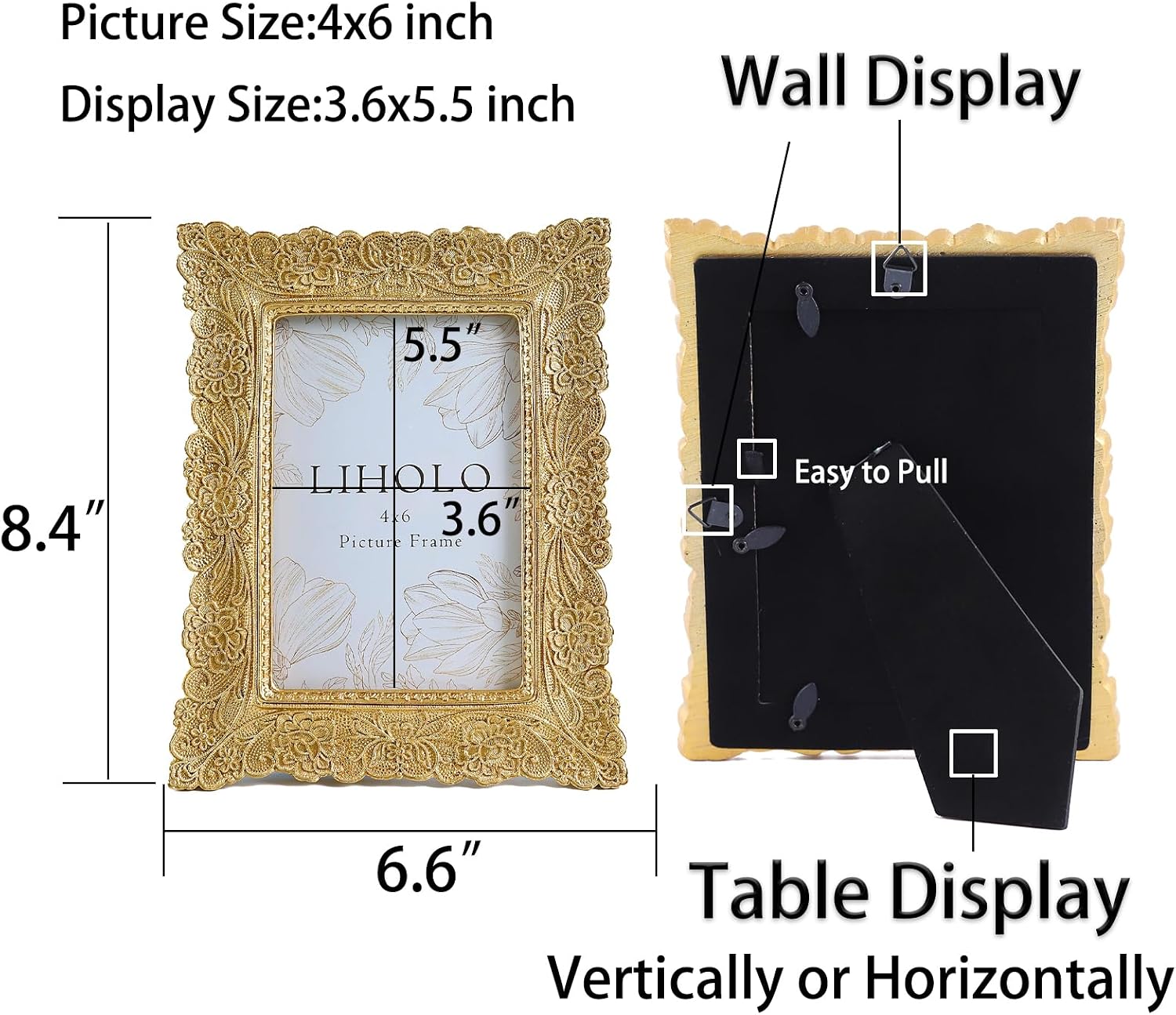 Vintage Gold Picture Frames 4x6 Antique Ornate Picture Frames with Boho Style for Tabletop and Wall Hanging,Gallery Wall Decor,Vintage Home Decor with Embossed Flower Design image 2