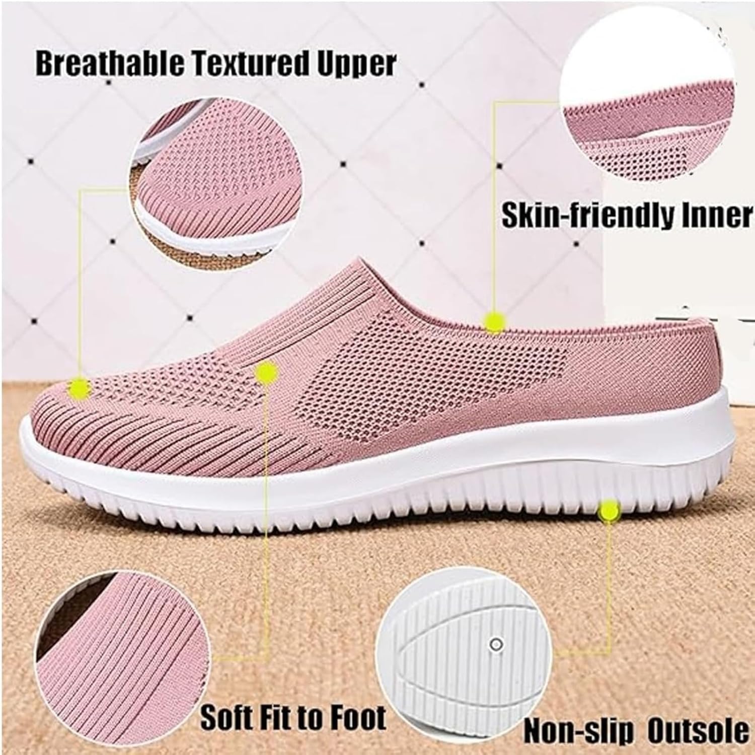 Women's Breathable Knit Slip-On Walking Shoes - Comfortable Lightweight Sneakers with Arch Support for Nursing, Travel & All-Day Standing, Includes 5 Pairs Lace Socks
