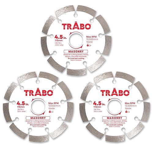 Trabo Paquete de 3 cuchillas de unión de diamante con borde segmentado de mampostería de 4.5 pulgadas para cortar cemento, adoquines, hormigón con