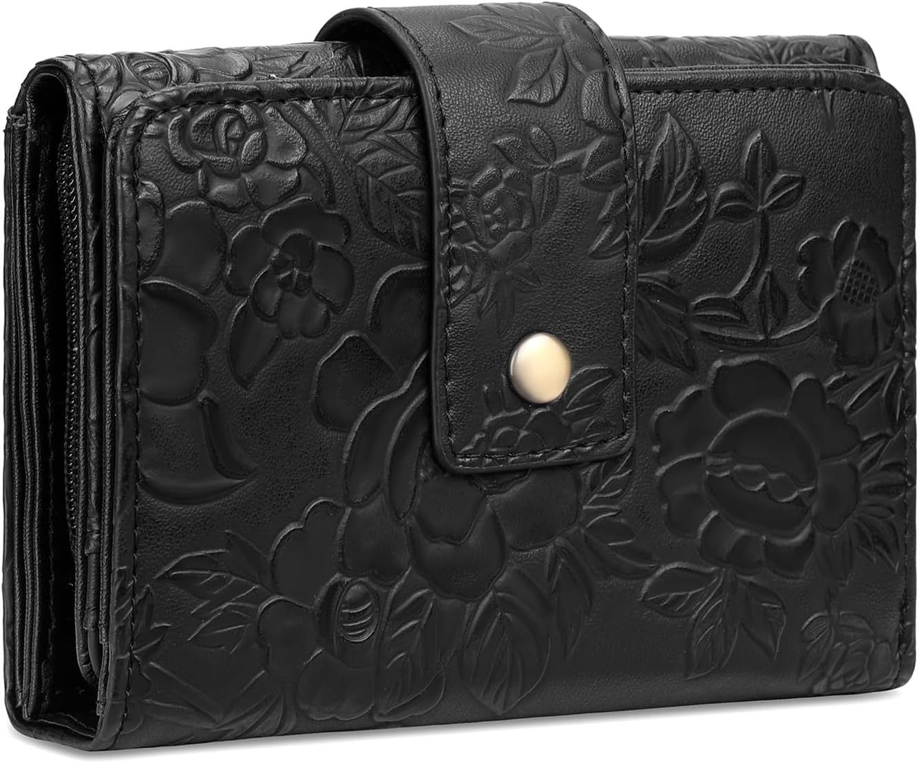 Trifold Genuine Leather Wallet for Women RFID Blocking Credit Card Holder with ID Window and Coin Pocket (Black)