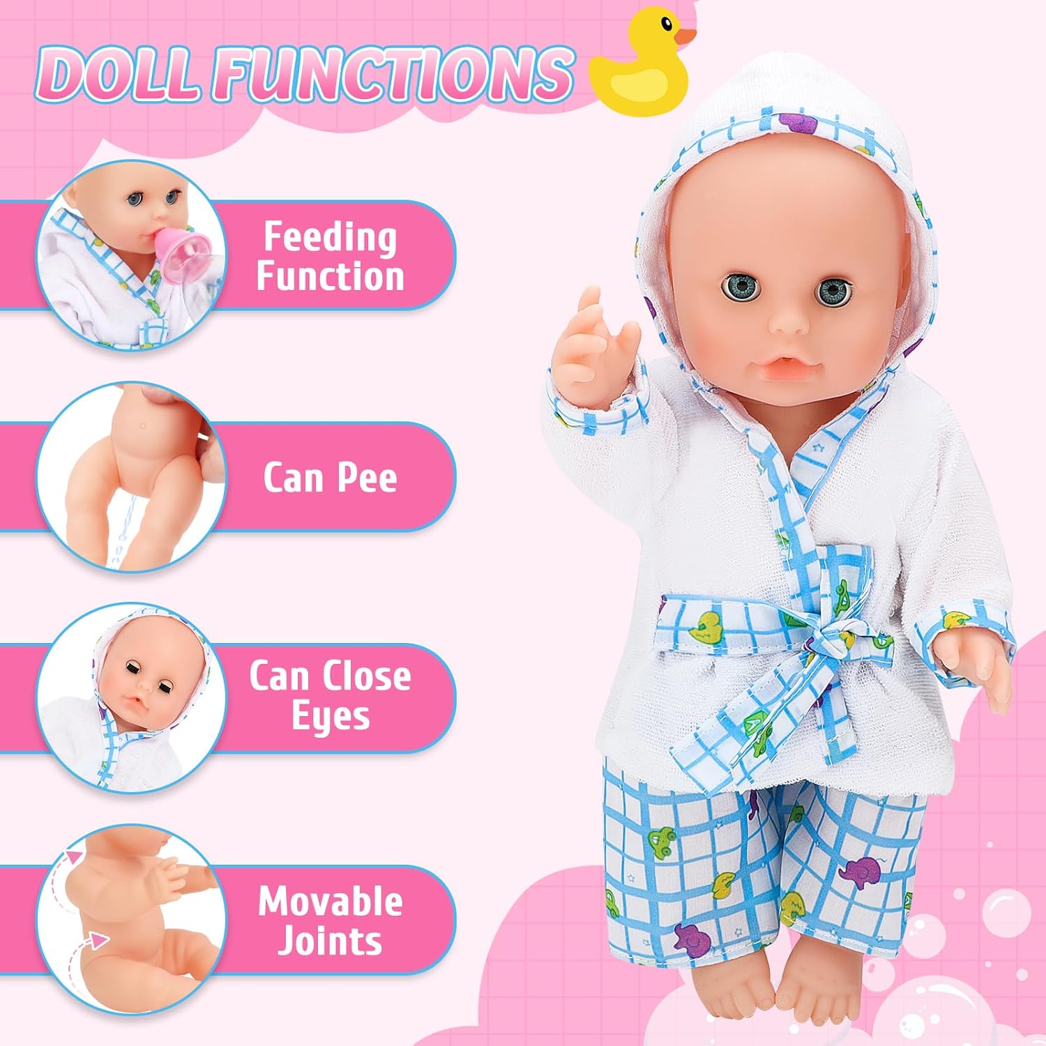 deAO Baby Doll Set,13 Inch Bath Time Baby Doll Playset with Working Shower Spray and Accessories for Kids,Baby Doll and Accessories with Bath Set, Great Pretend Play Toys for Girls