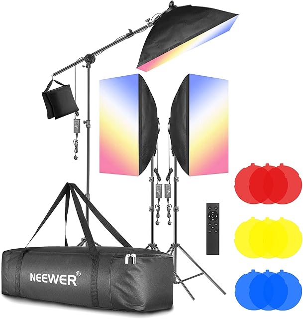 Neewer 3-Pack 2.4G LED Softbox Lighting Kit with Color Filter: 20"x28" Softbox, 3200-5600K 48W Dimmable LED Light Head with 2.4G Remote, Light Stand, Boom Arm, Bag for Photo Studio Video Shooting