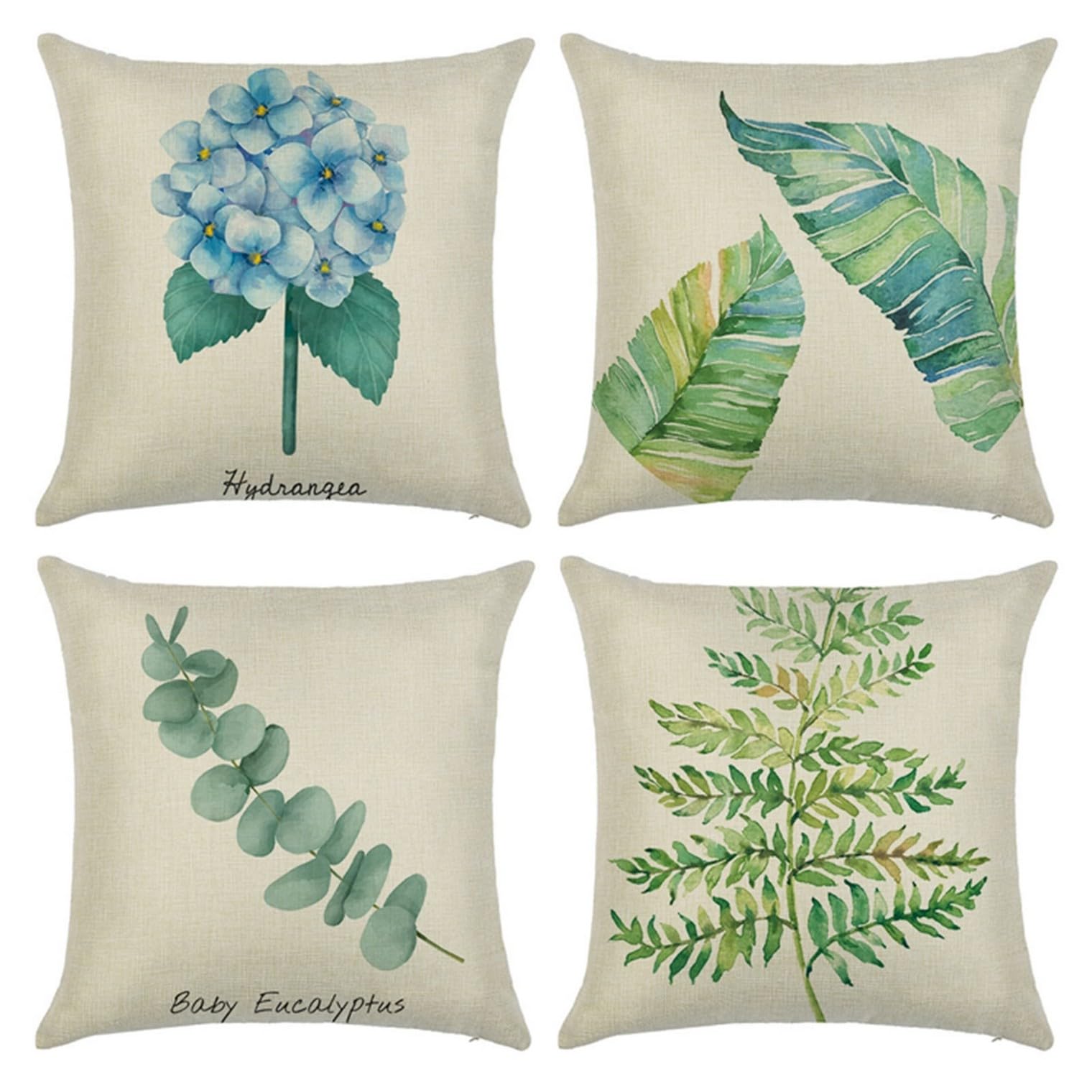Coussins canapé tissu feuilles hortensia beige vert violet en lin et gaze coton 50x50cm