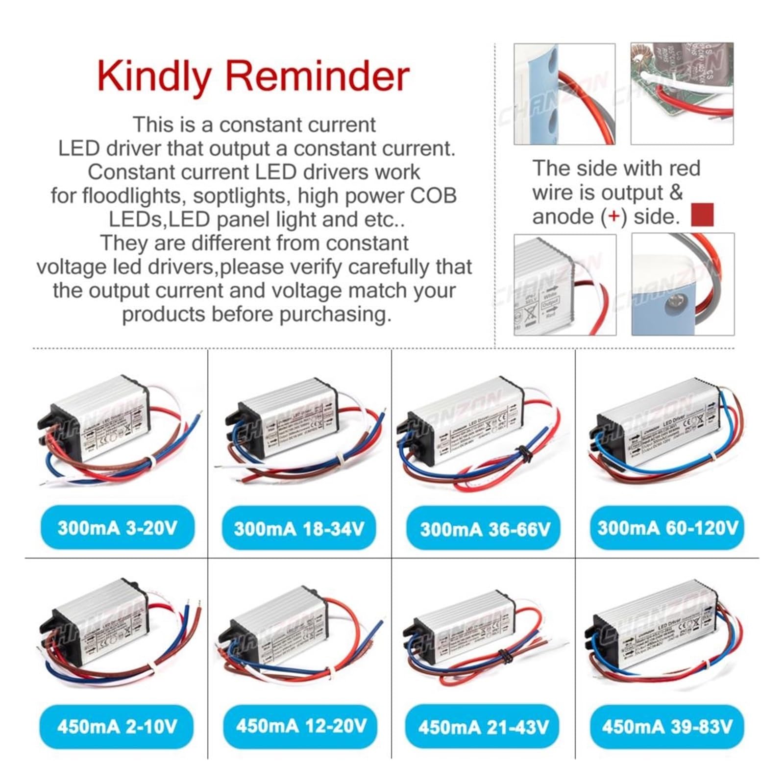 Sterownik LED, Sterownik LED o stałym prądzie, wodoodporny IP67 1W 3W 5W 10W 20W 30W 36W 50W 100W AC 100V-240V Transformator oświetleniowy wejściowy(450mA 39 to 83V 36W)