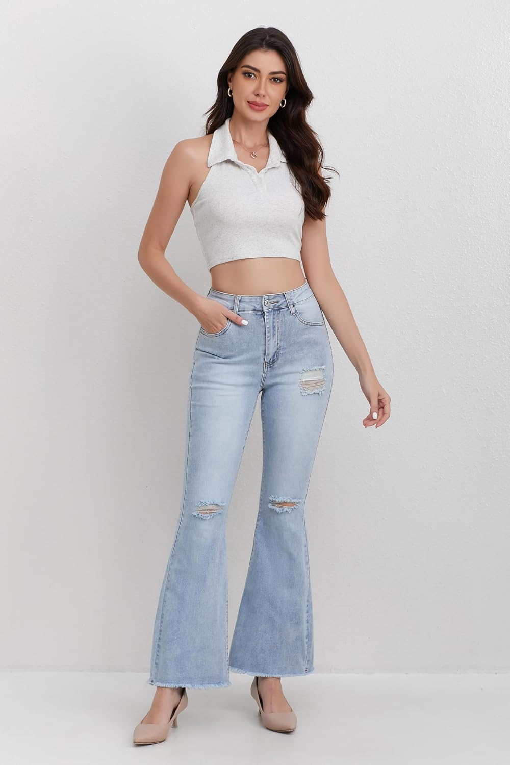 Women's High Waisted Ripped Flare Jeans Skinny Trendy Jeans Wide Leg High Rise Denim Pants for Casual Trendy Look - Image 6
