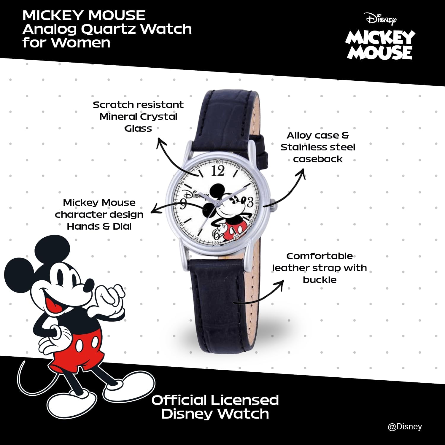 Disney Mickey Watch - Watch for Women - Mickey Mouse Watches for Women Toys - 90s Mouse - Vintage - Articulating Hands - Gold Case - Brown Leather Strap