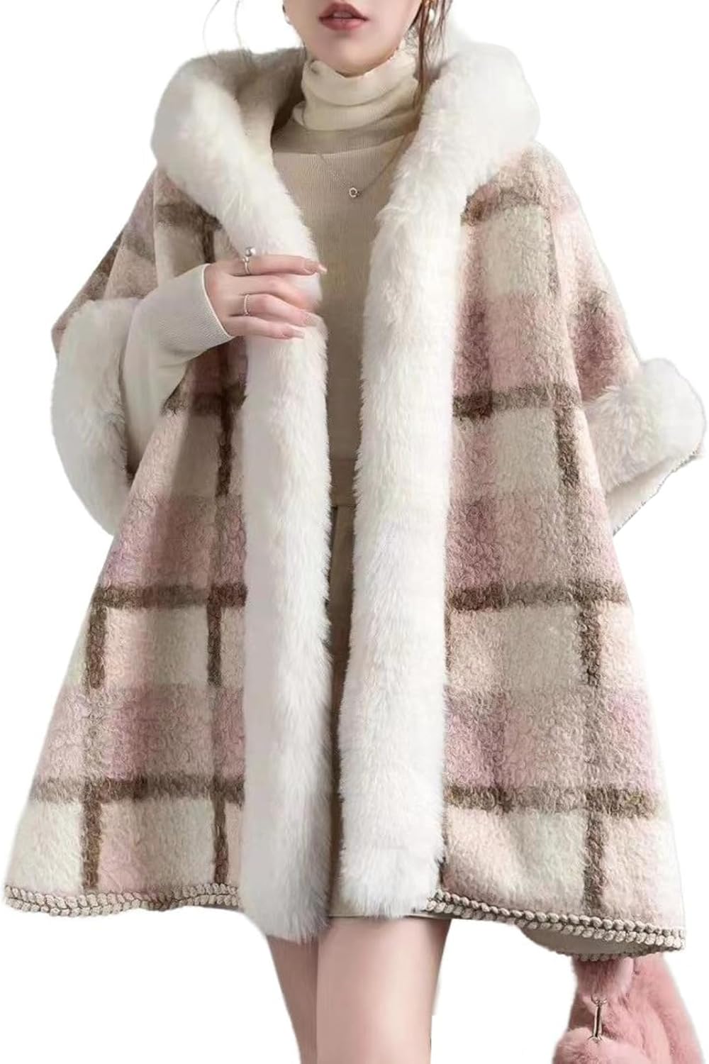 Autumn/Winter Plush Thickened Hooded Shawl Cape Loose Open Cardigan Women's Coat