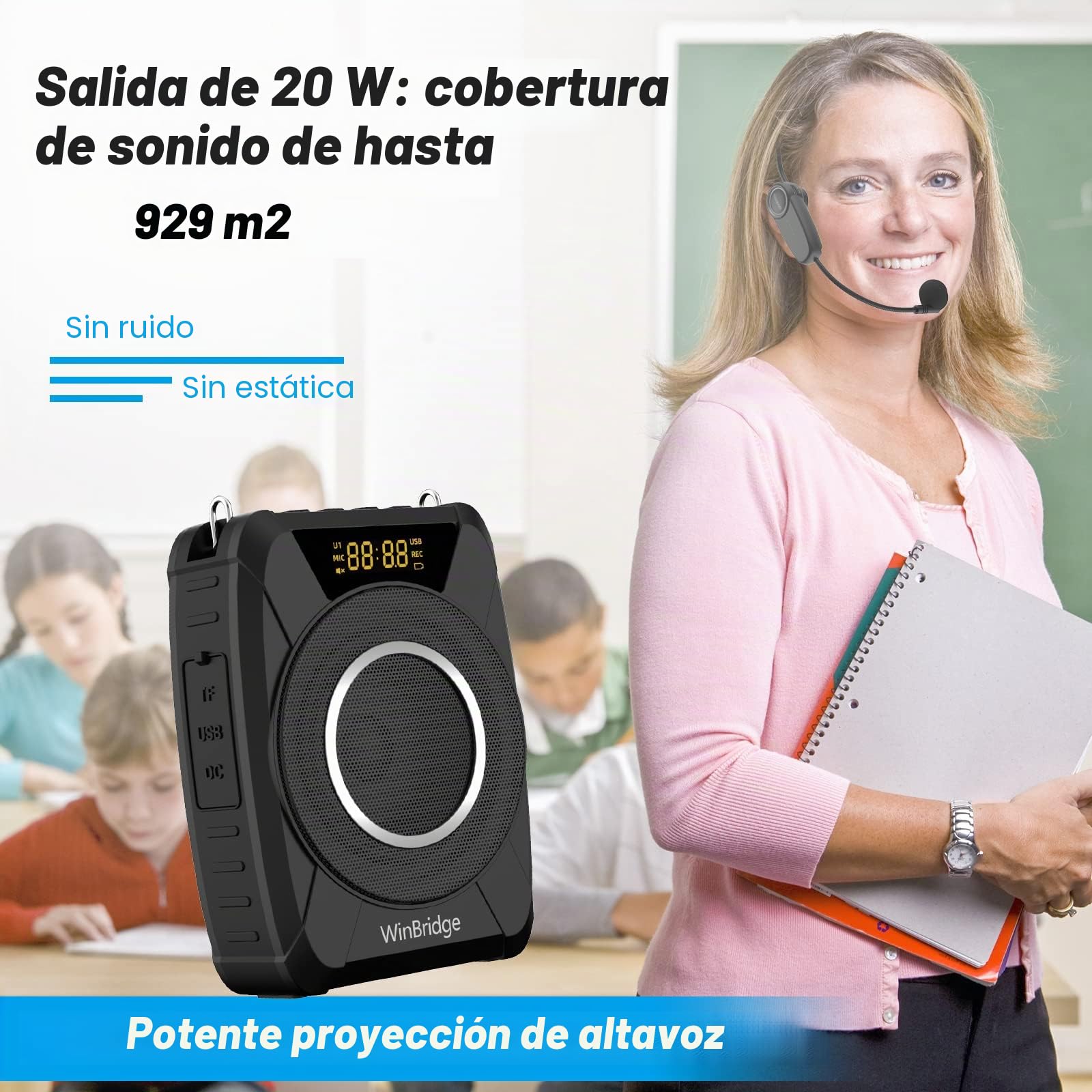 20W Bluetooth Amplificador de Voz Micrófono Inalámbrico para Profesores, Portátil Impermeable Amplificador de Voz Personal Mic Auriculares y Sistema de Altavoces M801