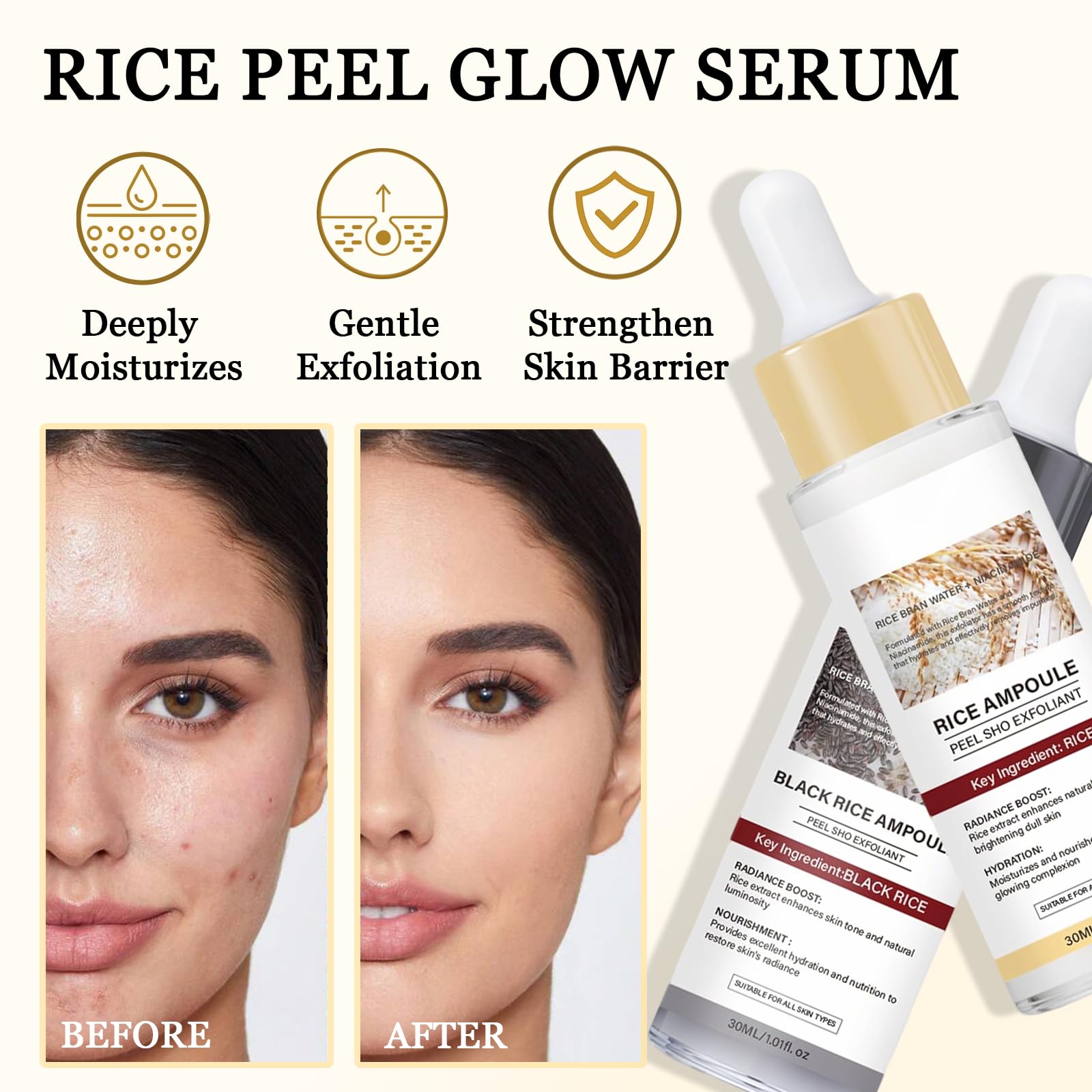 Peel Shot Glow Rice Ampoule Duo, 2PCS Siero Coreano Esfoliante al Riso Bianco & Nero, Delicato Viso Peeling, Rimuove Cellule Morte, Elimina Punti Neri, Pulisce Pori, Idrata Profondo