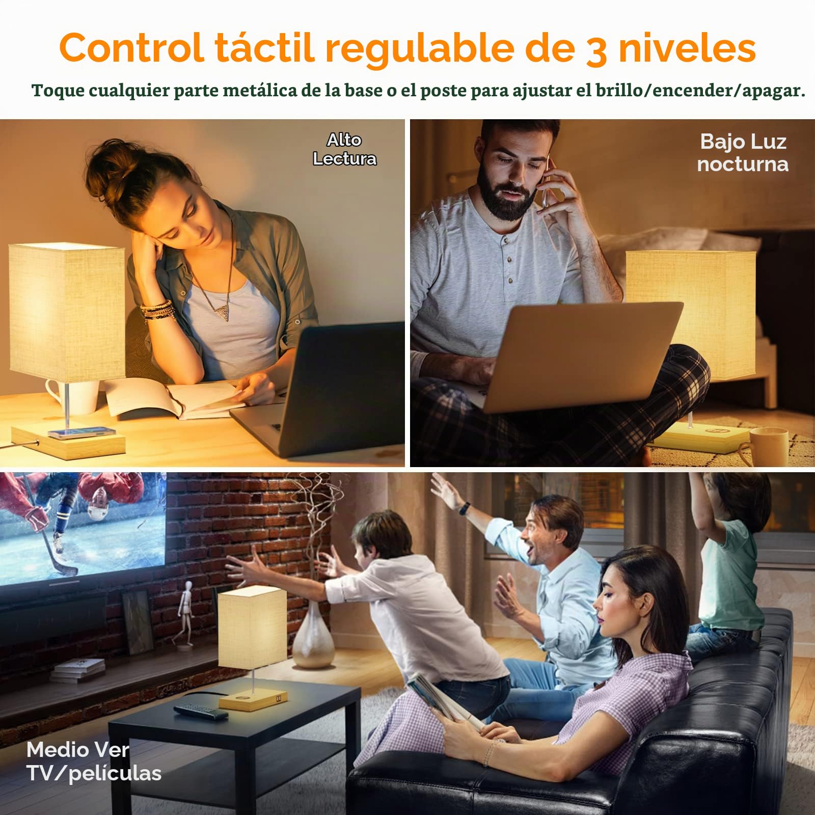 GLUROO Lamparas de Mesita de Noche con Cargador Inalámbrico, Lámparas de Mesa Táctil, 2 Puertos de Carga USB, Regulable de 3 vías Lámpara de Noche Vintage para Habitación,Salon,Oficina