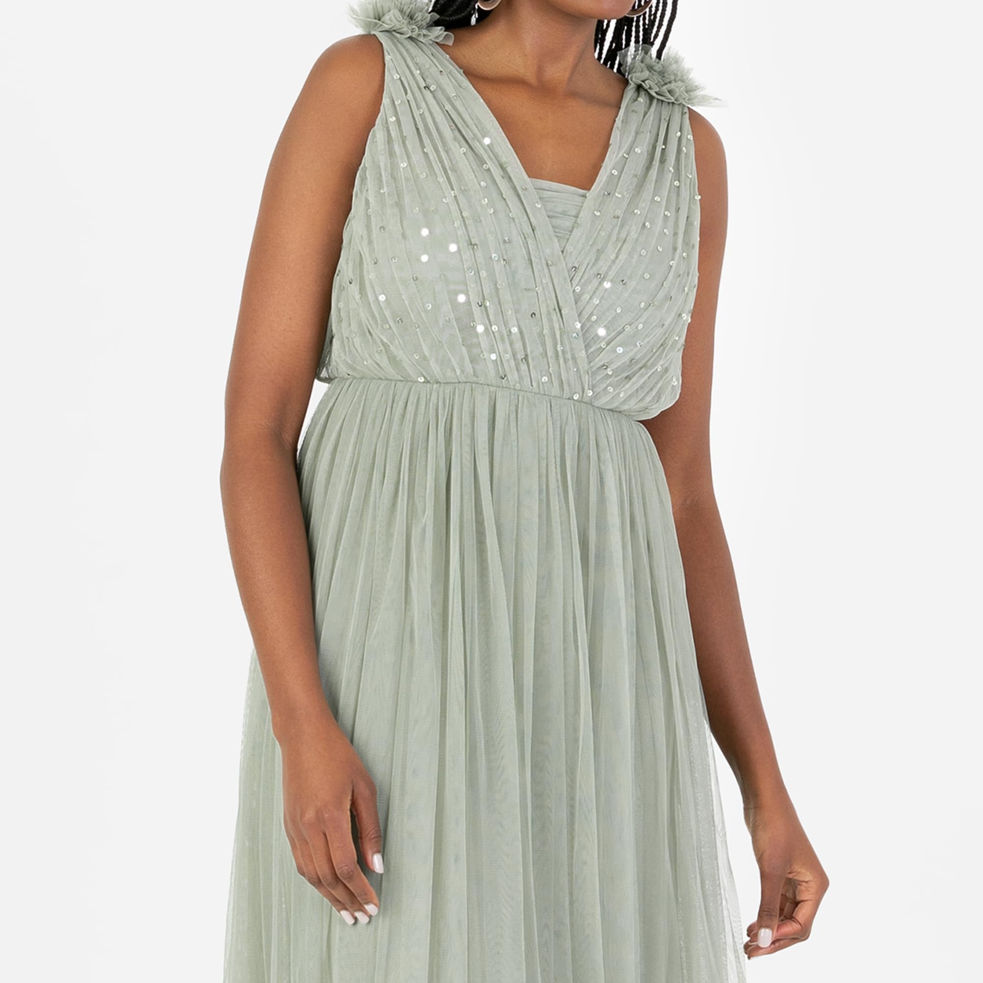 Anaya with Love Women's Maxi Dress Ladies Sleeveless V-Neck Sequin Embellished Tulle Ruffle Shoulder A-Line Bridesmaid Prom Ball Gown Vestito Donna