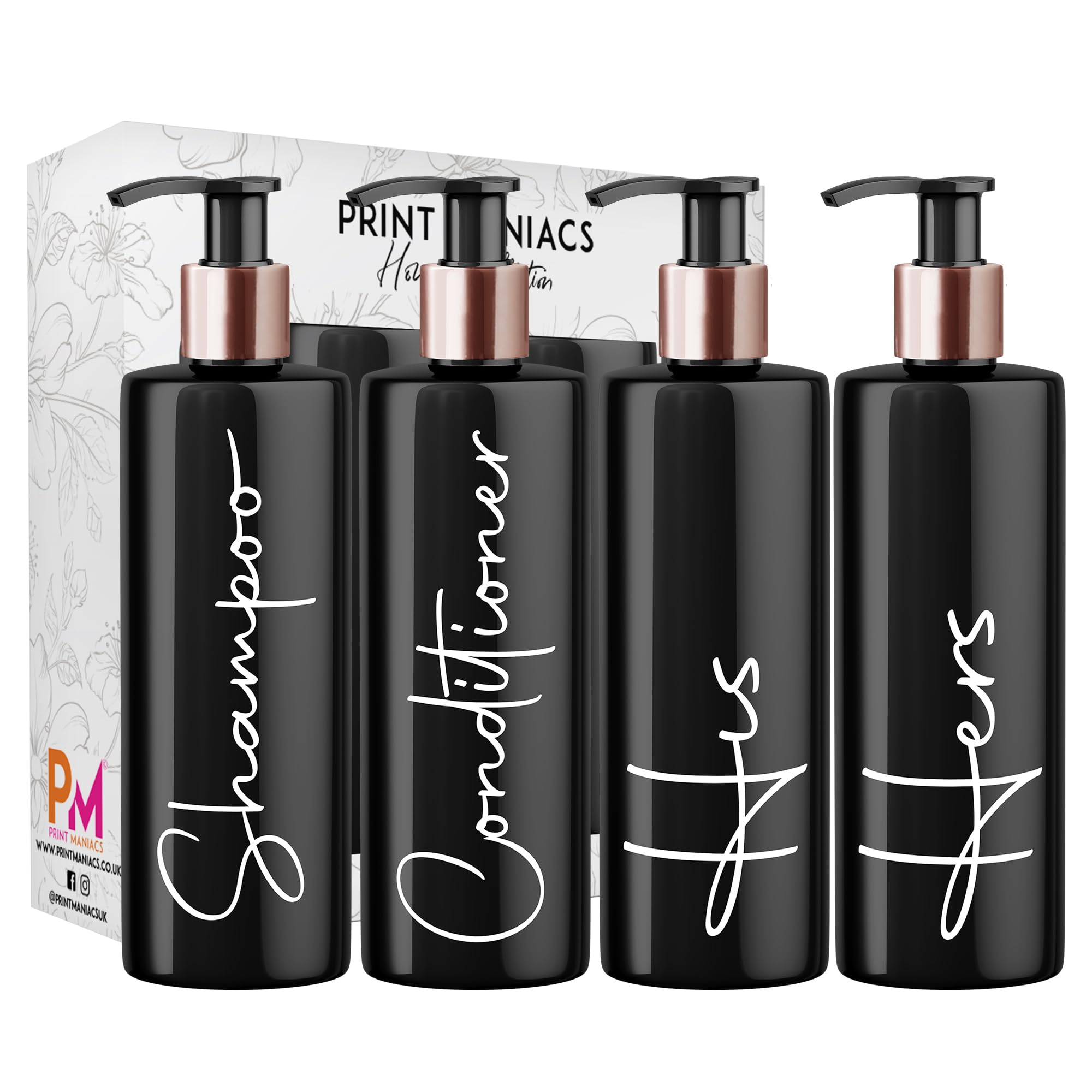 Print Maniacs Black Mrs Hinch Inspired Personalised 500ml Bottles Bathroom Lotion Kitchen Shampoo Conditioner Rose Gold Pump (Set 4 His Hers, F2) (White) โ image 1