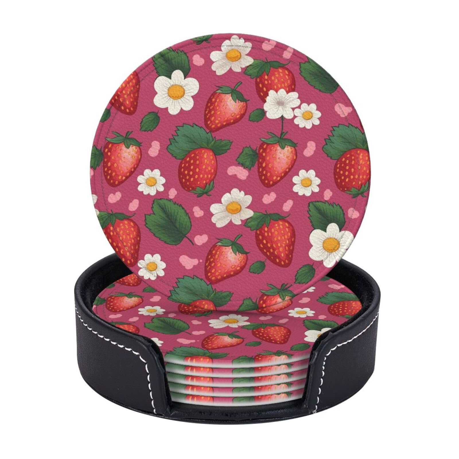 6PCS Drink Coasters with Holder, 4" Leather Coasters for Drinks, Strawberry Cup Coasters for Coffee Table Decor, Non-Slip Drinking Cup Mat for Hot or Cold Drink