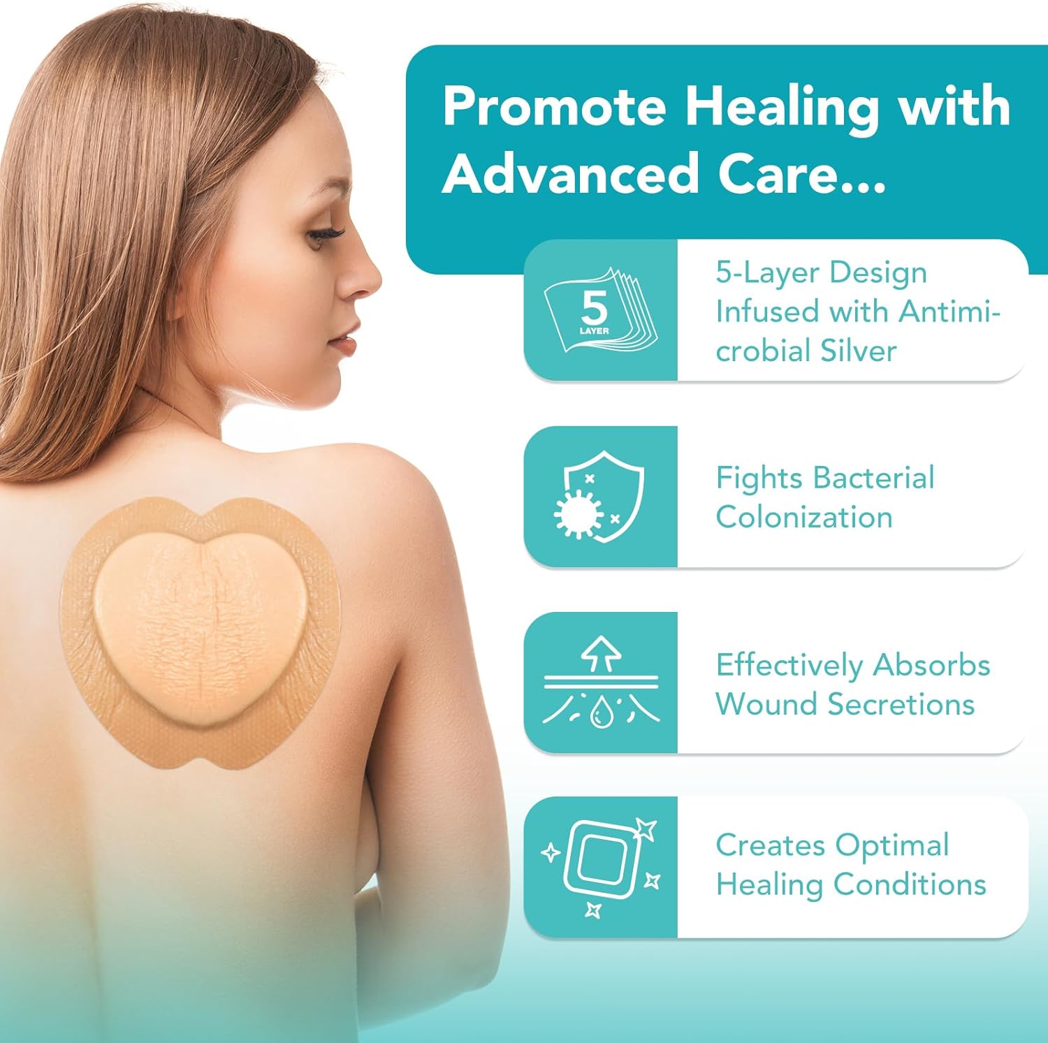 Silicone Foam Dressing Ag Sterile Wound Bandage with 7.08"x7.08" Waterproof Gentle Silicone Adhesive Border, Breathable Ultra Absorbent Pads (Pack of 5) - Image 3