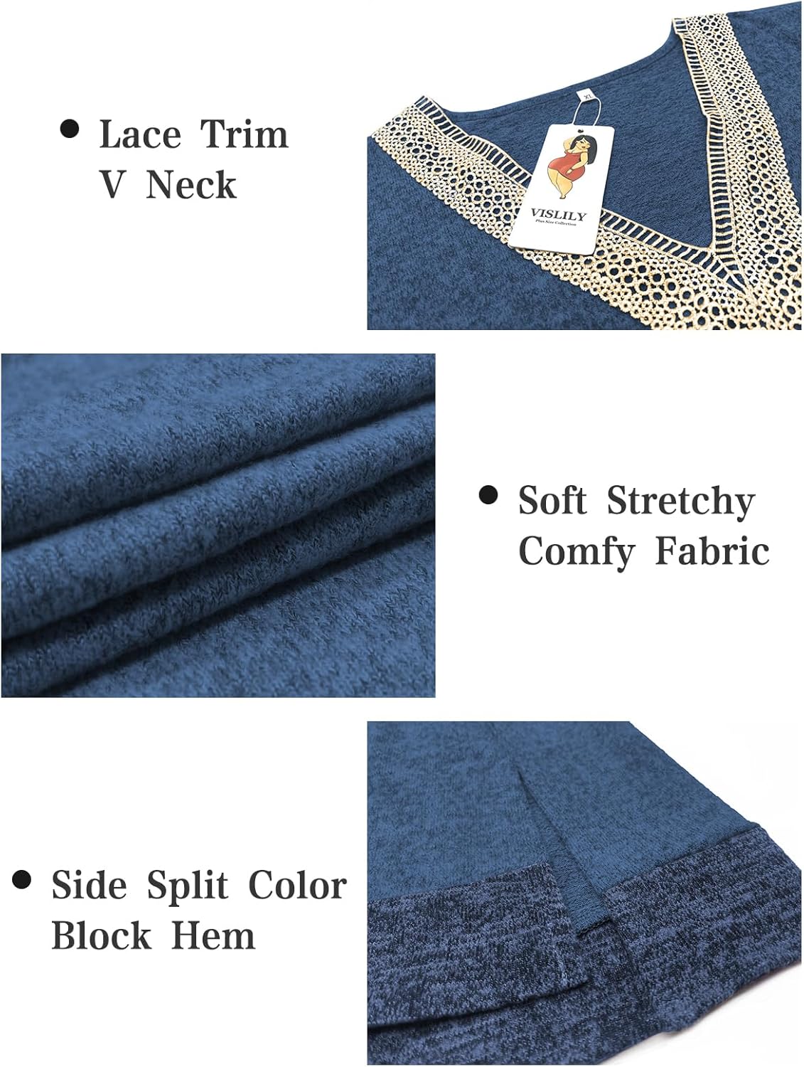 VISLILY Womens-Plus-Size-Tops Lace Trim V Neck Shirts Long Sleeve Sweatshirts Color Block Side Split Hem Tunics XL-5XL - Image 3