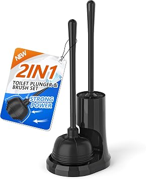 Toilet Plunger and Brush, Bowl Brush and Heavy Duty Toilet Plunger Set with Holder, 2-in-1 Bathroom Cleaning Combo with Modern Caddy Stand for for 5.7-inch Toilet Drain Bathroom Cleaning