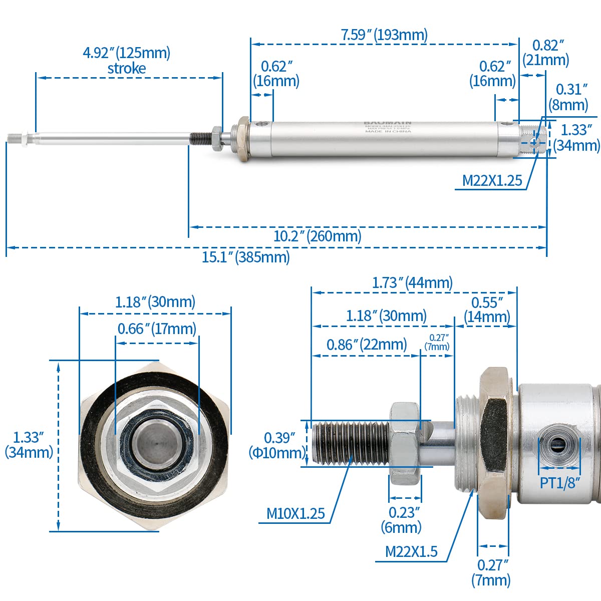 BAOMAIN Mini Pneumatic Air Cylinder 1" Bore 5" Stroke MAL 25x125 — Amazon image 5