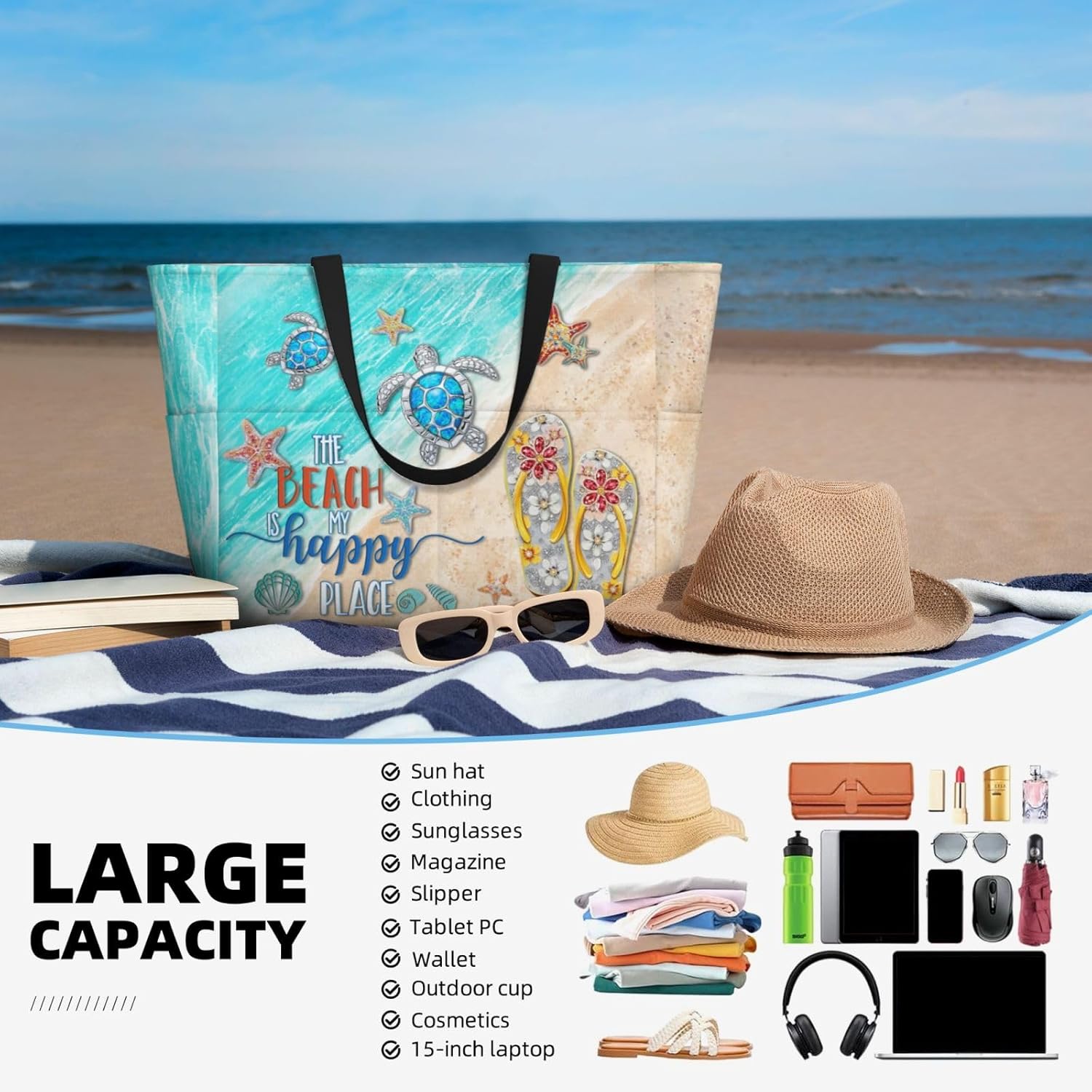 Beach Bag Tote Bags Waterproof Sandproof for Women Large Beach Tote Bag Foldable with Pockets for Weekend Vacation - Image 6