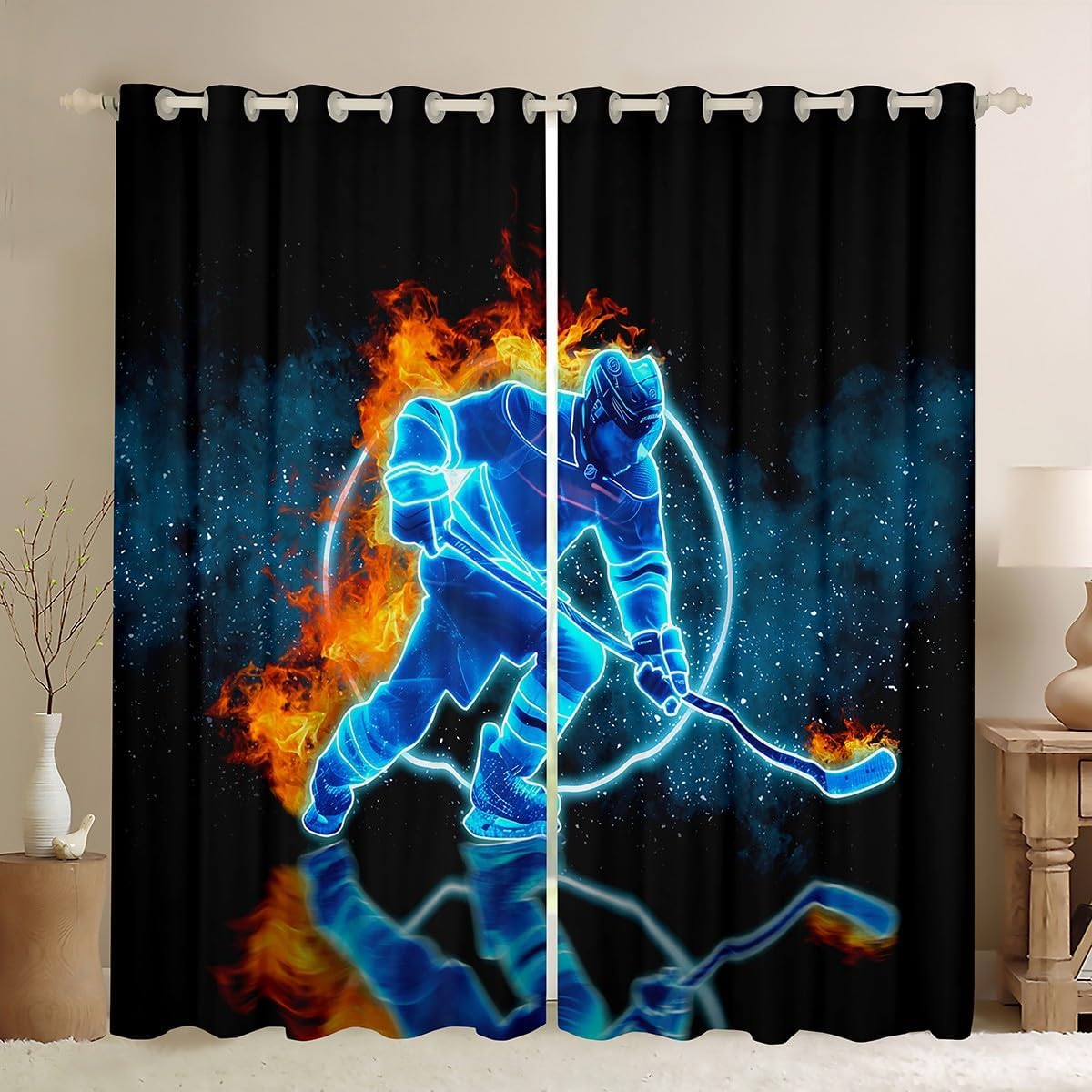 Ice Hockey Window Curtains Hockey Player Window Drapes Competitive Game Window Treatments Winter Sport Grommet Curtains Ice Fire Window Curtains Galaxy Geometric Curtain, Blue 42"x84",2 Panels