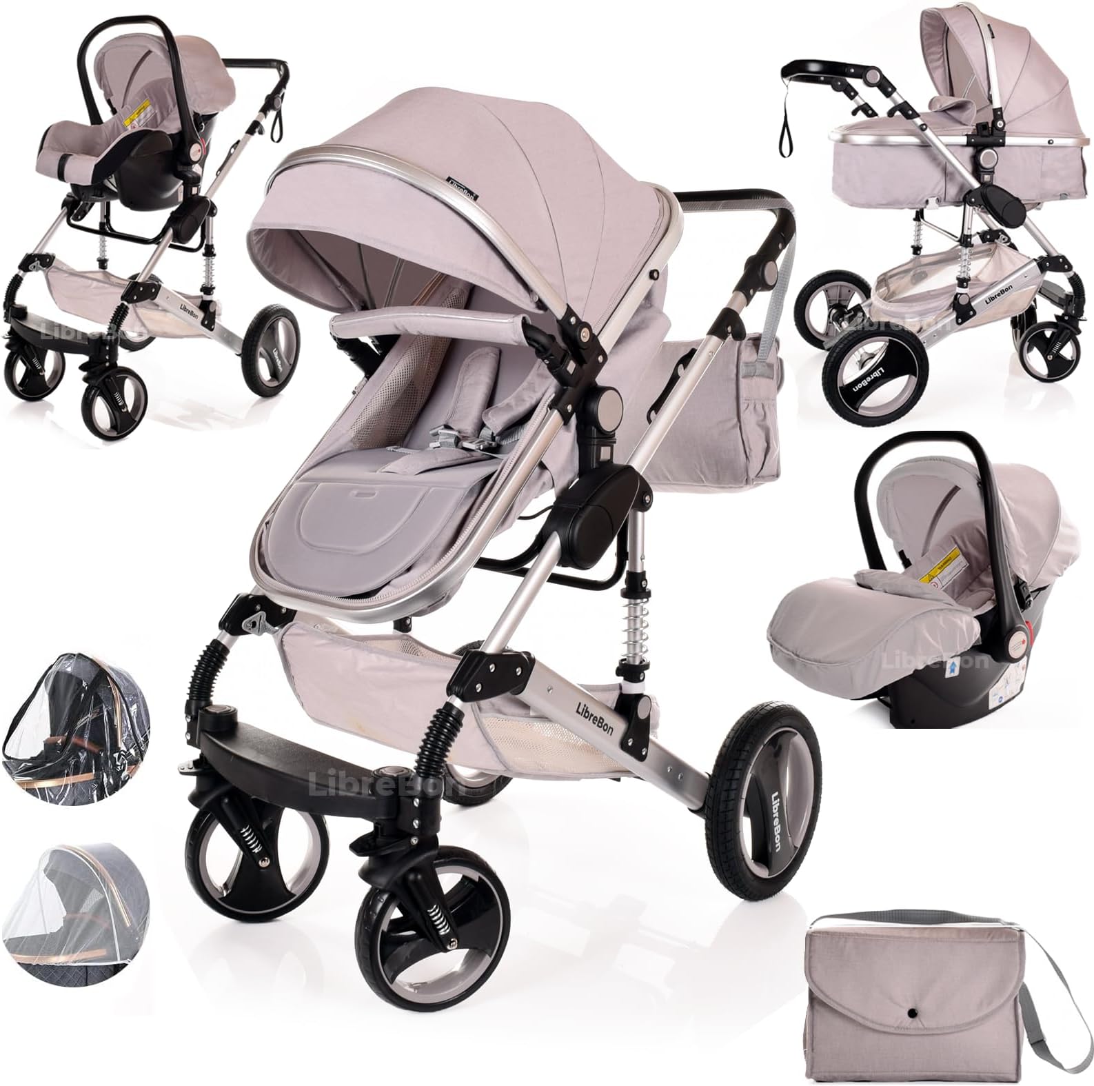 Baby Buggy Pram Pushchair Stroller 3 in 1 Child Lightweight Folding Stroller 3 in 1 Travel System Pram for Newborns & Toddlers 0-36 Months from Birth Aluminum (Light Grey - Silver Frame)