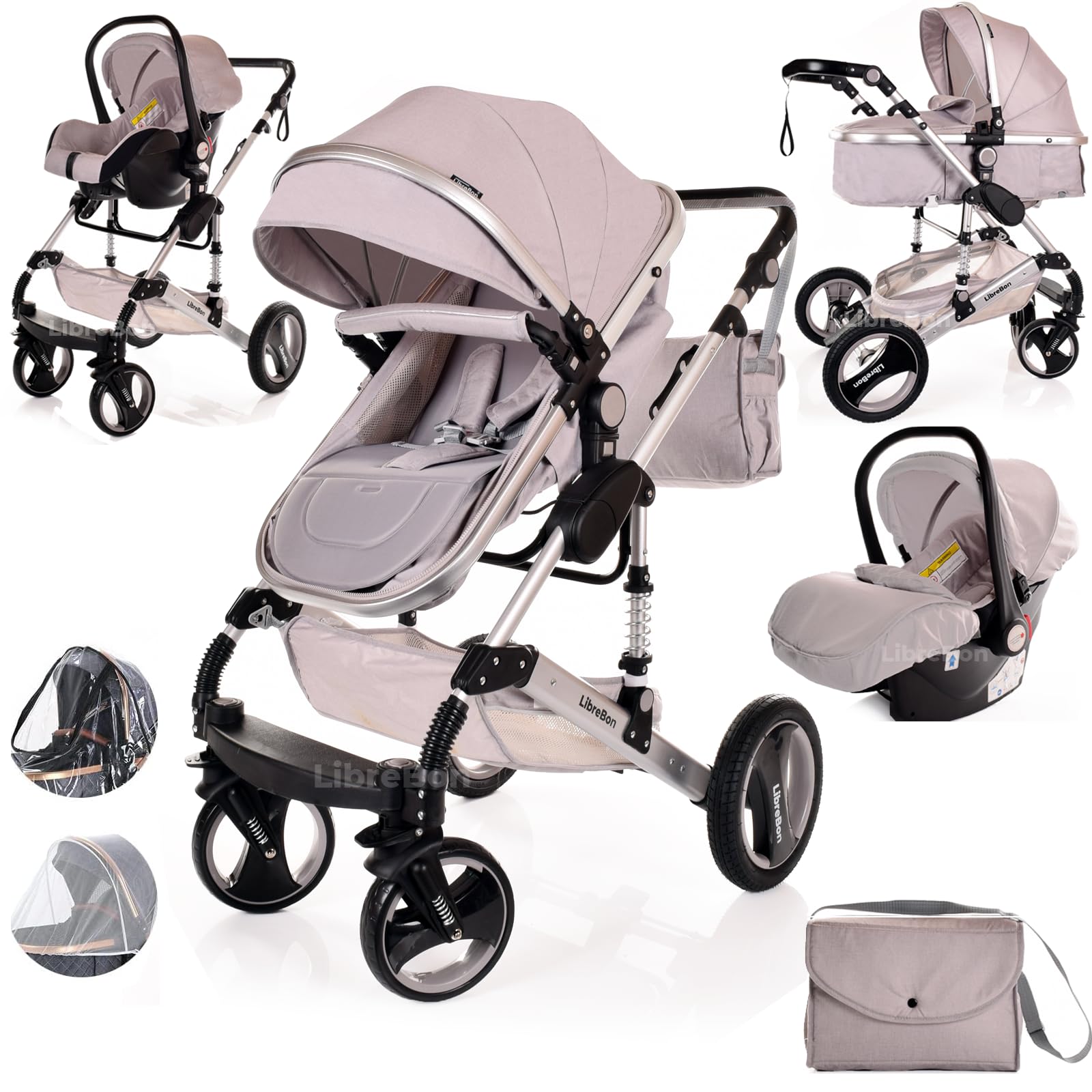 Baby Buggy Pram Pushchair Stroller 3 in 1 Child Lightweight Folding Stroller 3 in 1 Travel System Pram for Newborns & Toddlers 0-36 Months from Birth Aluminum (Light Grey - Silver Frame)