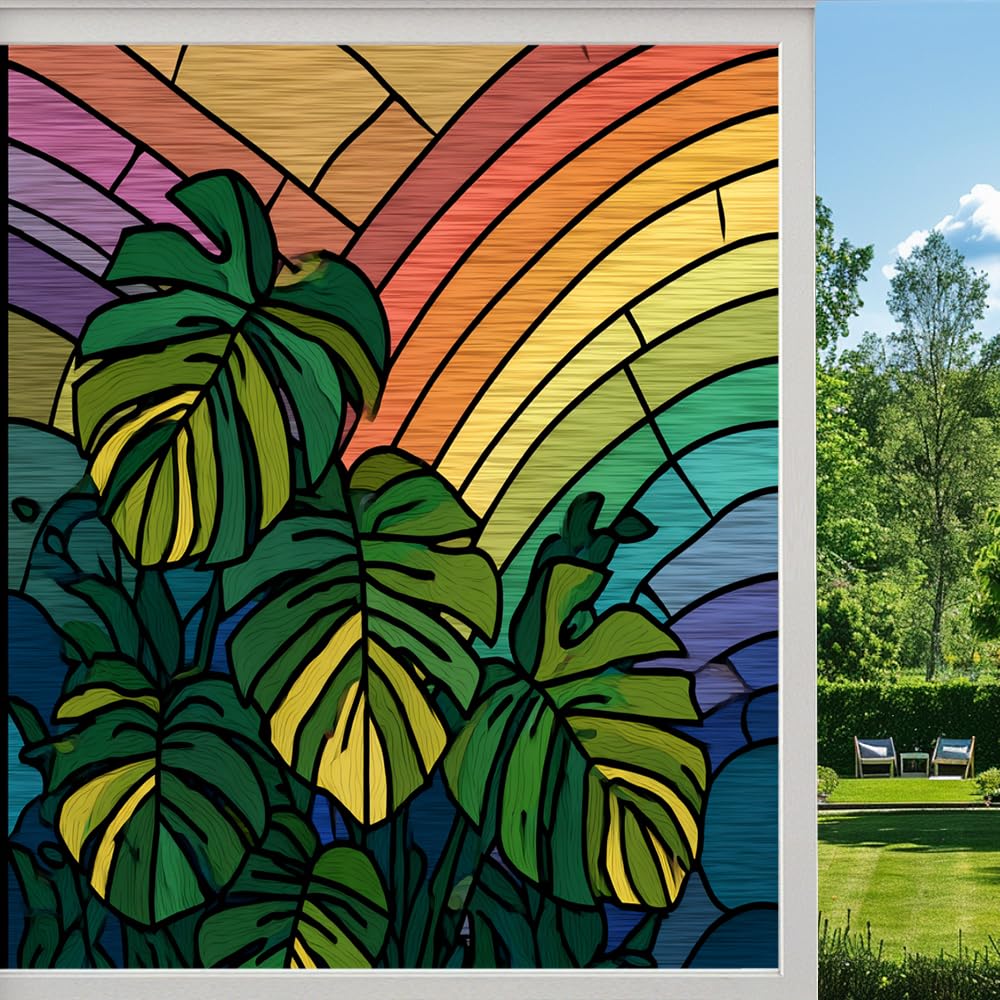 Abstract Monstera Frosted Window Film, Tropical Natural Plant Leaves Stained Glass Privacy Film, Heat Insulation Self-Adhesive Vinyl for Bathroom Office, （90x160cm）