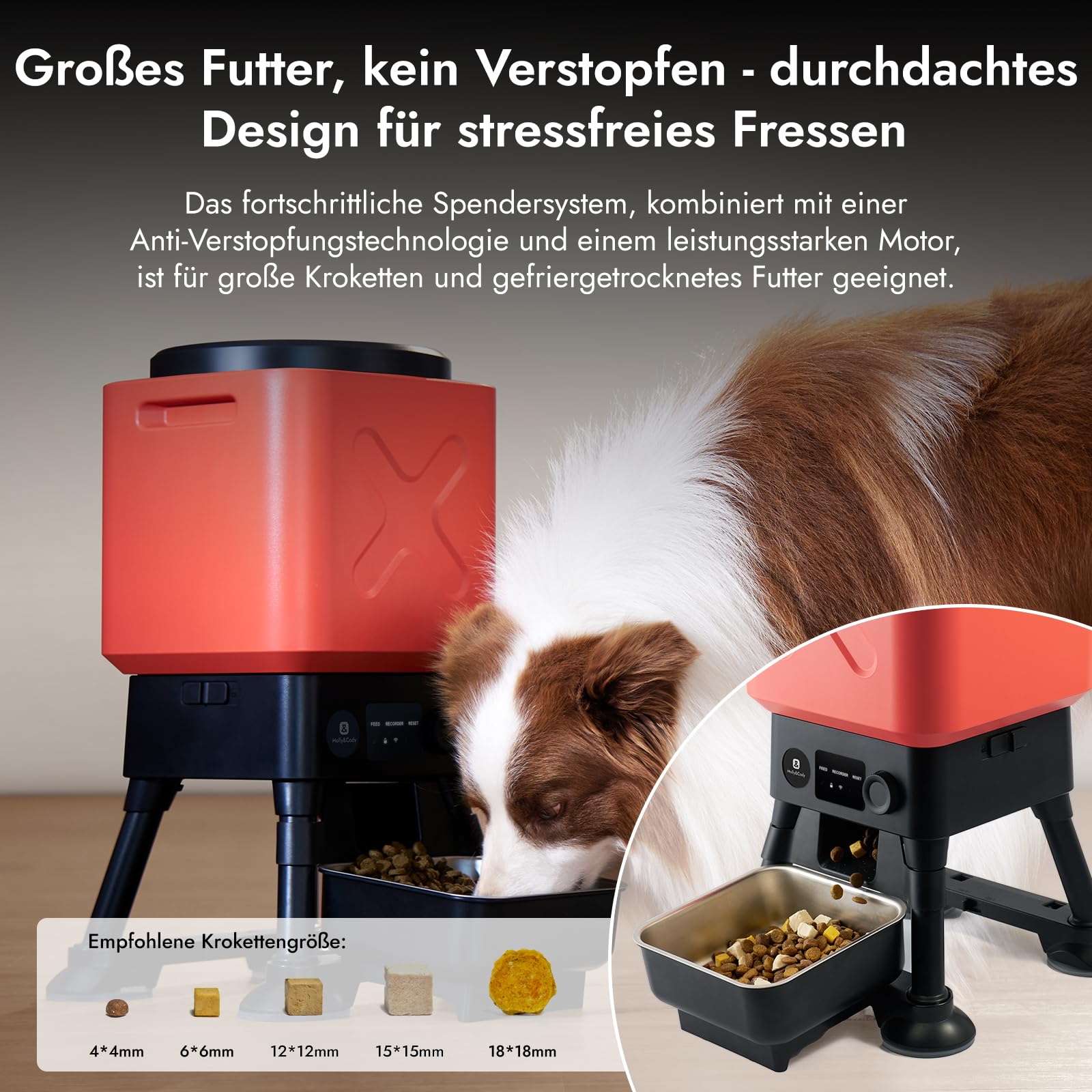 Molly&Cody Automatisierte Futterautomat, 14L große Kapazität Futterspender für große Hunde,2,4G WiFi APP-Steuerung，Dosierung eingestellt Werden kann, einfache Bedienung, mit Edelstahl-Schüssel