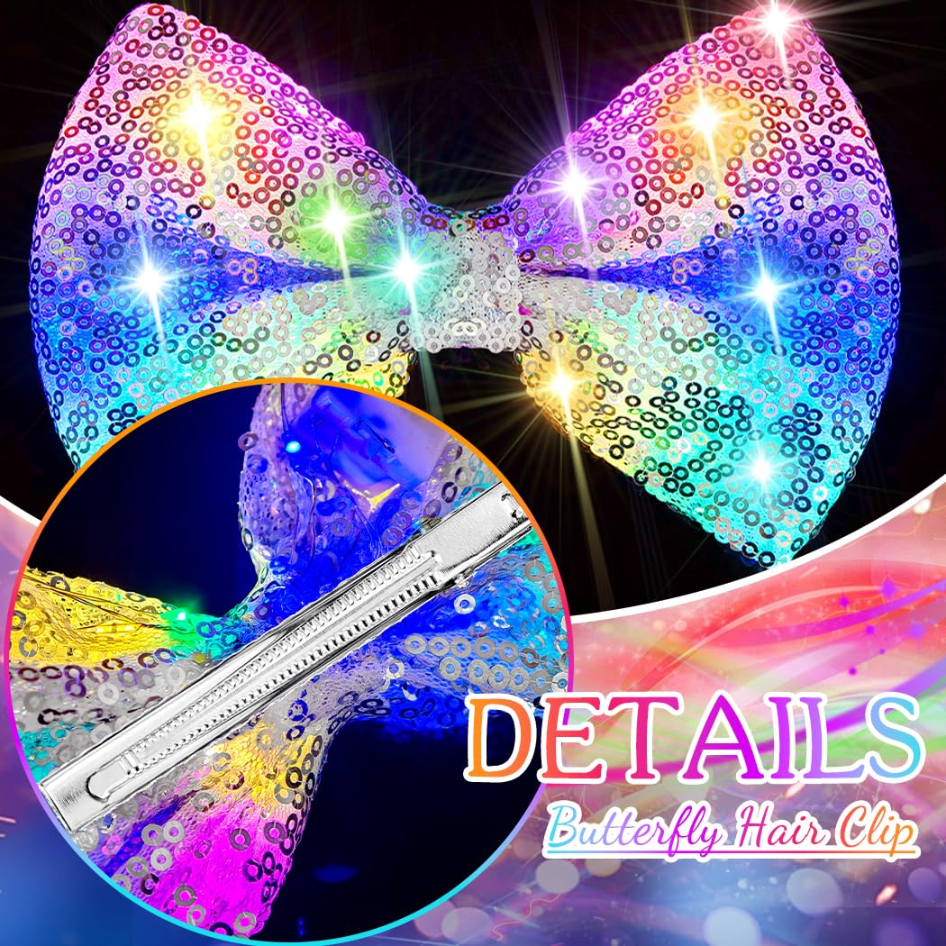 Campsis Light Up Hair Bow Clip, White Sparkly Sequin Bowknot Hair Piece, Carnival Festival Costume Hair Accessories for Women (White) image 2
