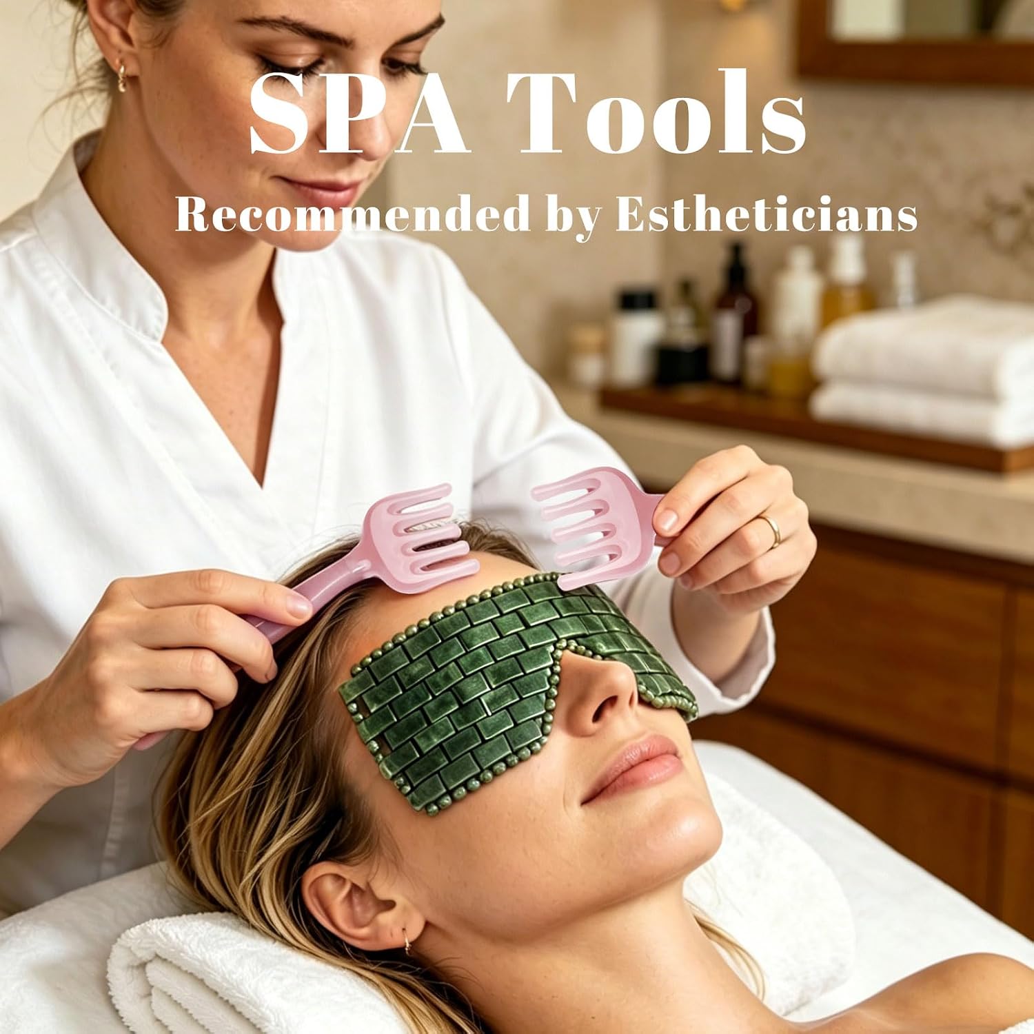 gemshan 3Pcs Jade Eye Mask and Hair Comb Set, Natural Green Jade Cooling Eye Mask + Resin Guasha Scalp Massager, for Eye Fatigue & Head Stress Relief, Ideal Gift for Esthetician Home Use