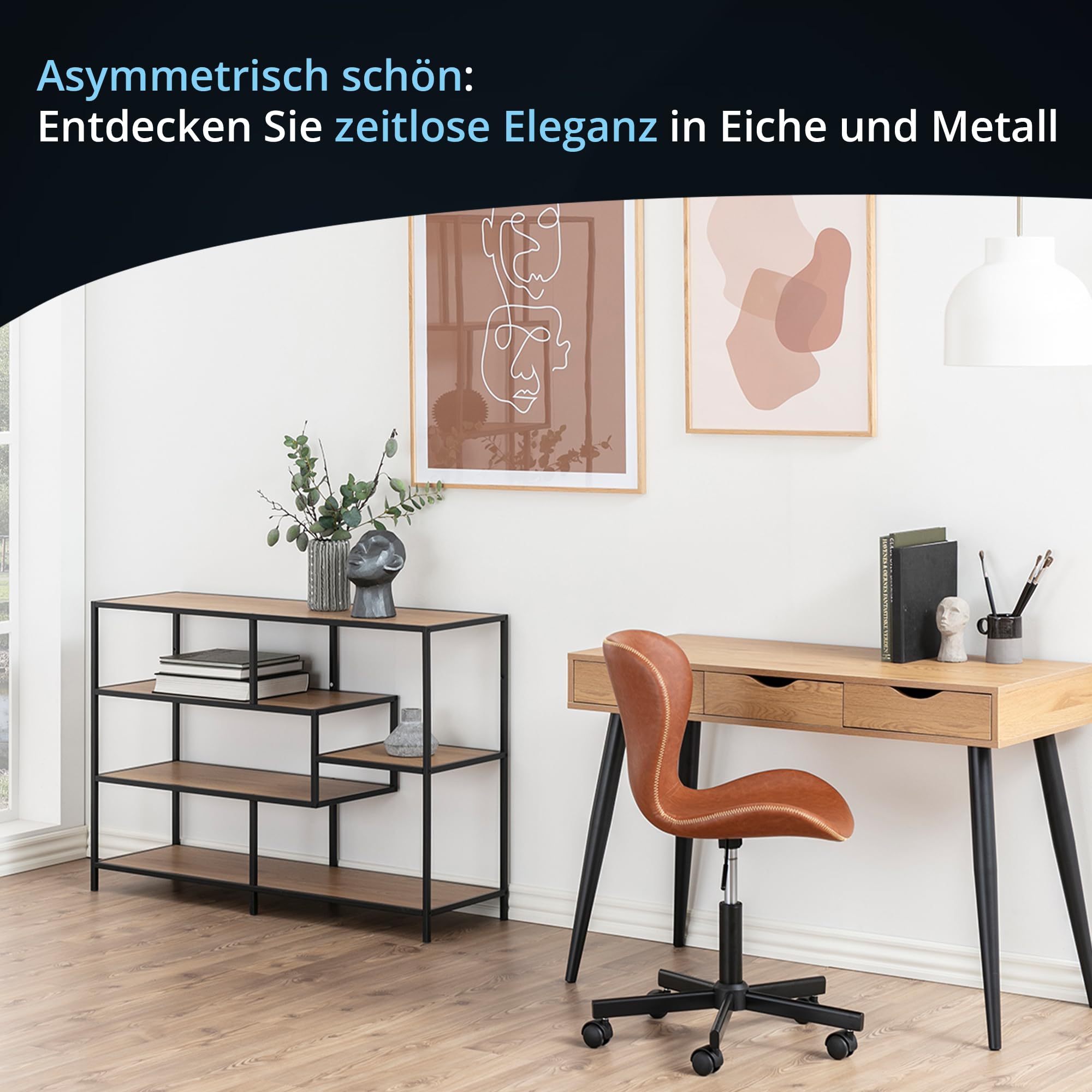 KHG asymmetrisches Regal, modernes Wandregal im Industrial Style, Standregal mit Metallgestell, Größe:114 x 78 x 35 cm, Holzwerkstoff foliert in Wildeiche, Korpus aus Metall pulverbeschichtet
