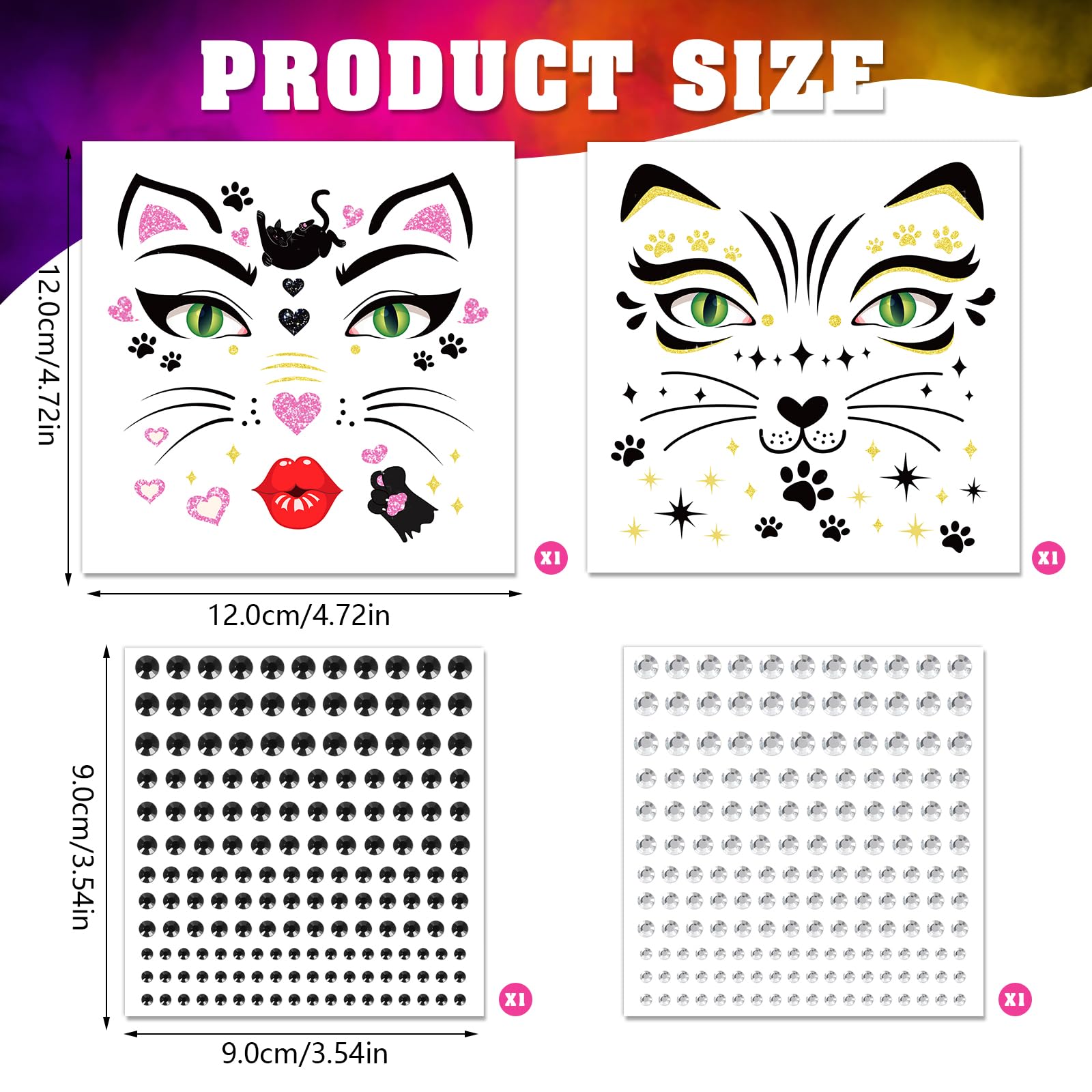 DPKOW Cat Tattoos Face Carnival Women Children Temporary Tattoos Glitter Stones Face Halloween Tattoo Make-Up Cosplay Fancy Dress Costumes Carnival Accessories Waterproof - Image 2