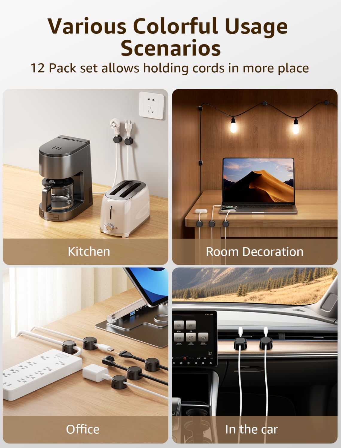 Clips magnéticos para cables, paquete de 12 unidades compactos [bloqueo de 1 segundo] soporte de cable [suave ajustable], soporte de cable de teléfono para mesita de noche, organizador de