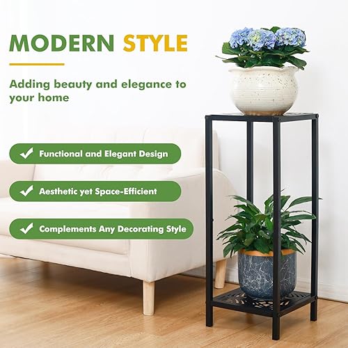 Miniatura 5 de Party Zealot Soporte cuadrado de metal alto de 2 niveles para macetas, estante moderno para macetas de interior, mesa auxiliar de esquina para patio