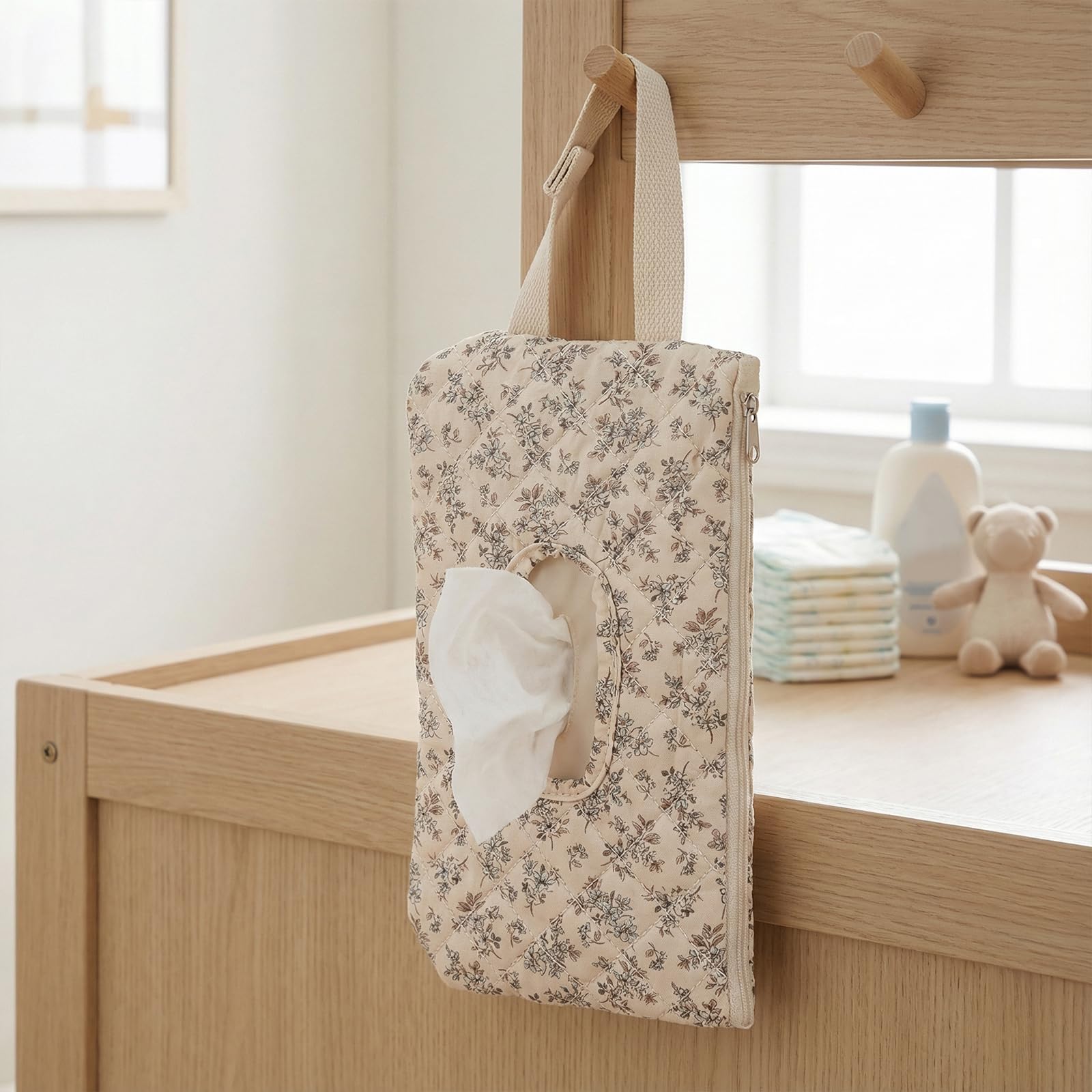 Quilted Baby Wipe Holder, Canvas Floral Quilted Pouch with Hanging Strap, Portable Diaper Wipe Holder for Travel Stroller-Hibiscus - 3