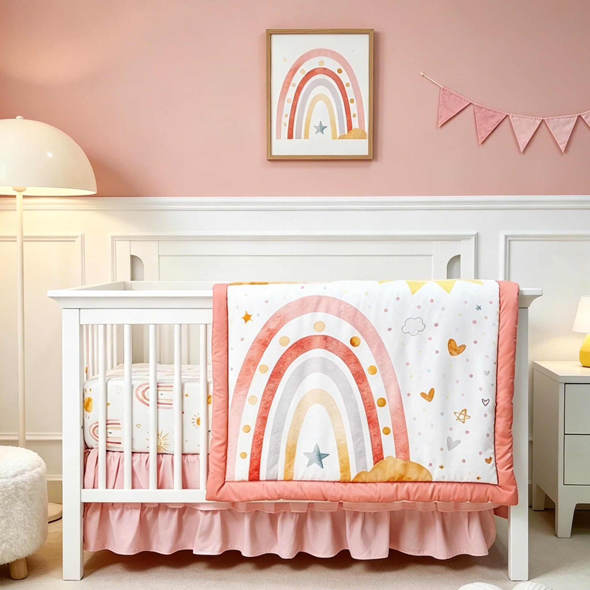 CARULLI Crib Bedding Set for Girls, 4-Piece Pink Rainbow Baby Crib Bedding Set, Soft &amp; Cozy Crib Sets Includes Comforter, Fitted Crib Sheet, Crib Skirt, and Diaper Stacker