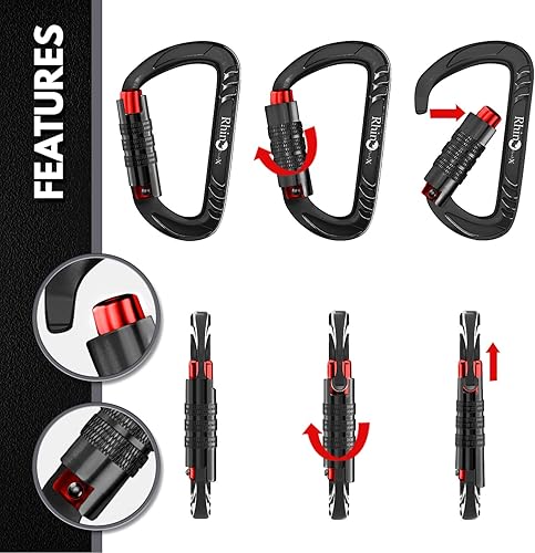 Miniatura 4 de Rhino Produxs Clips de mosquetón resistentes de 12 kN (2697 libras) con bloqueo, autobloqueo, wiregate o ligero, hamaca, arnés de correa para perro,