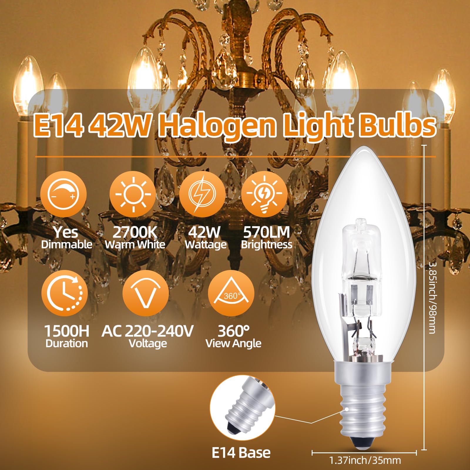 Żarówki halogenowe E14 do świec ściemnialne, ciepła biel 2700 K, 570 lm, AC 220-240 V, żarówki E14 SES C35 do świec z małą śrubą, dekoracyjna żarówka do żyrandola, lampy sufitowej, 5 sztuk