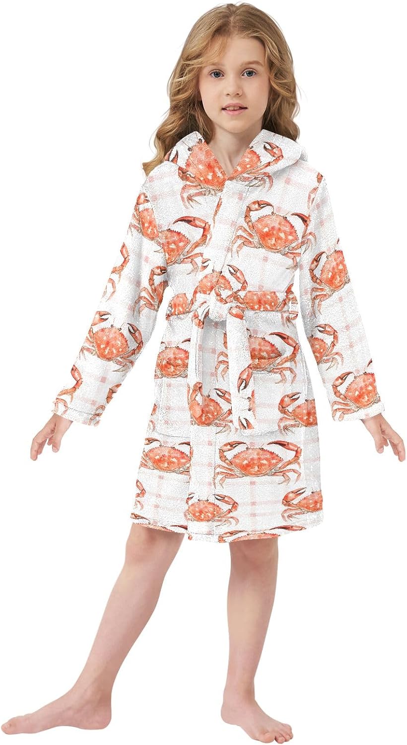 Crab Checked Pattern Toddler Hooded Bathrobe for Boys Girls Soft Plush Bath Towel Robe 2-12 Years