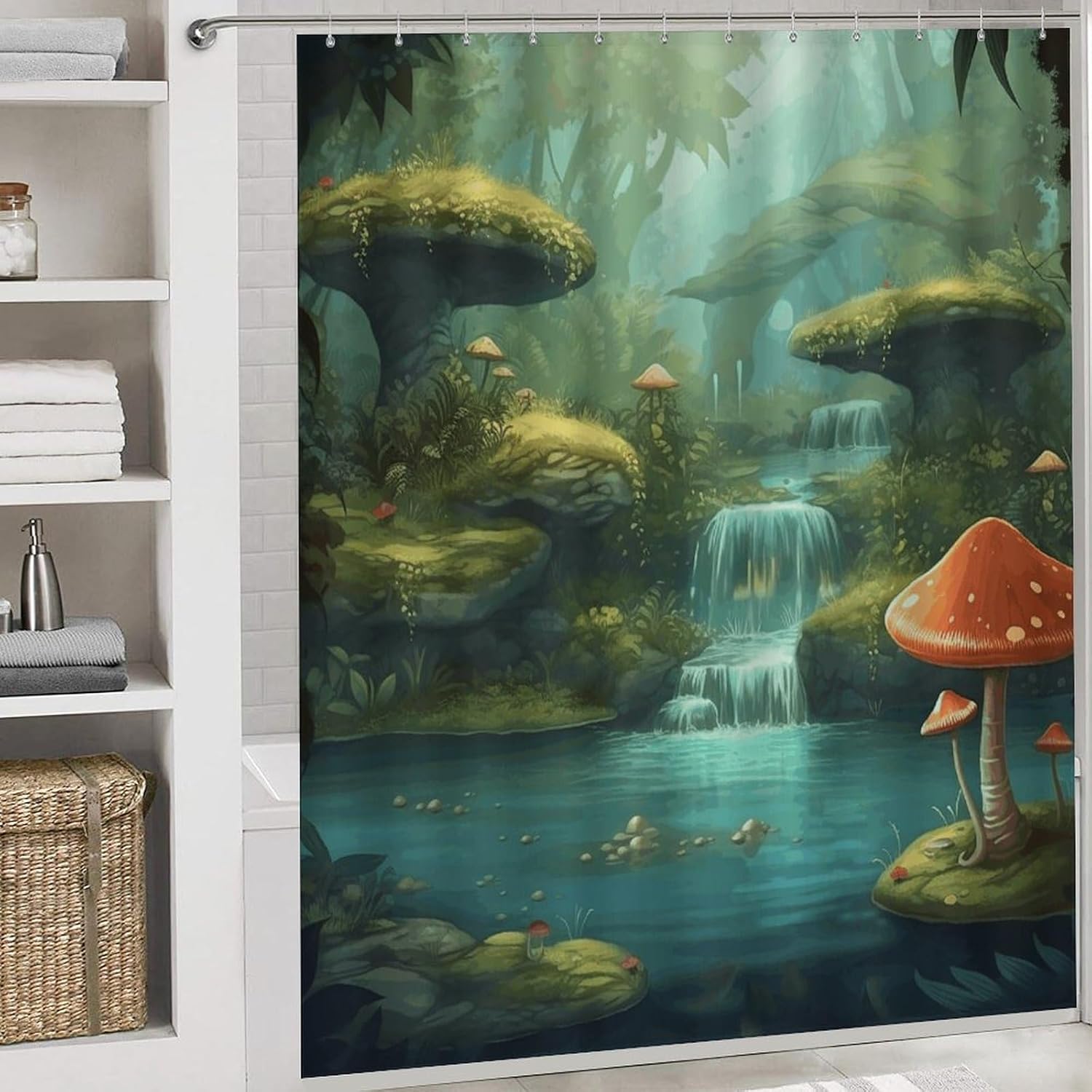 View of Fantasy River Shower Curtain Set 4 Piece, Non-Slip Bath Mat with Toilet Lid Cover and Waterproof Shower Curtain with 12 Hooks, Complete Bathroom Set for Home Decor