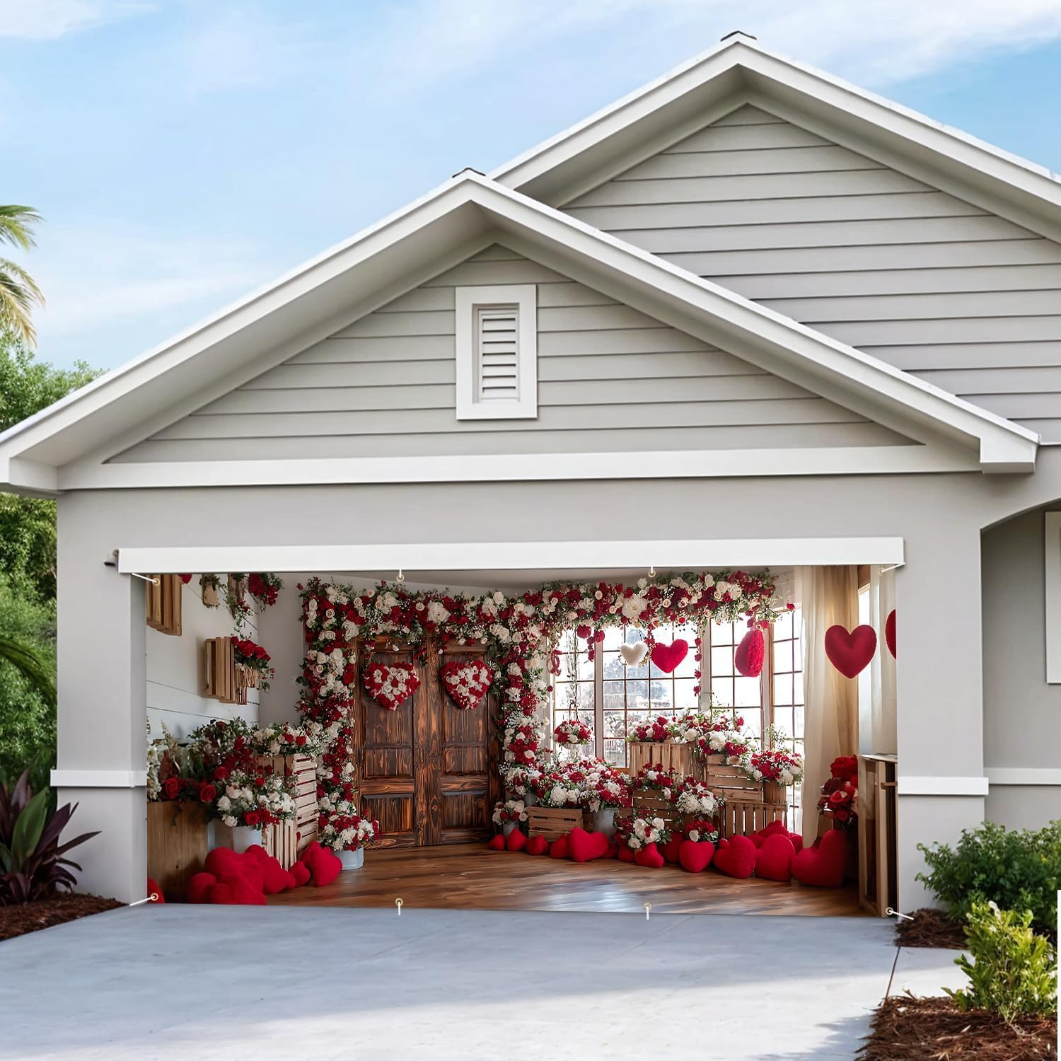 6×13 ft Garage Door Banner – Beautiful Flower Window Wall Mural Cover with Pots and Blossoms, Garden Style Double Garage Door Decoration, Outdoor Front House Décor, Yard, Patio & Seasonal Decorations
